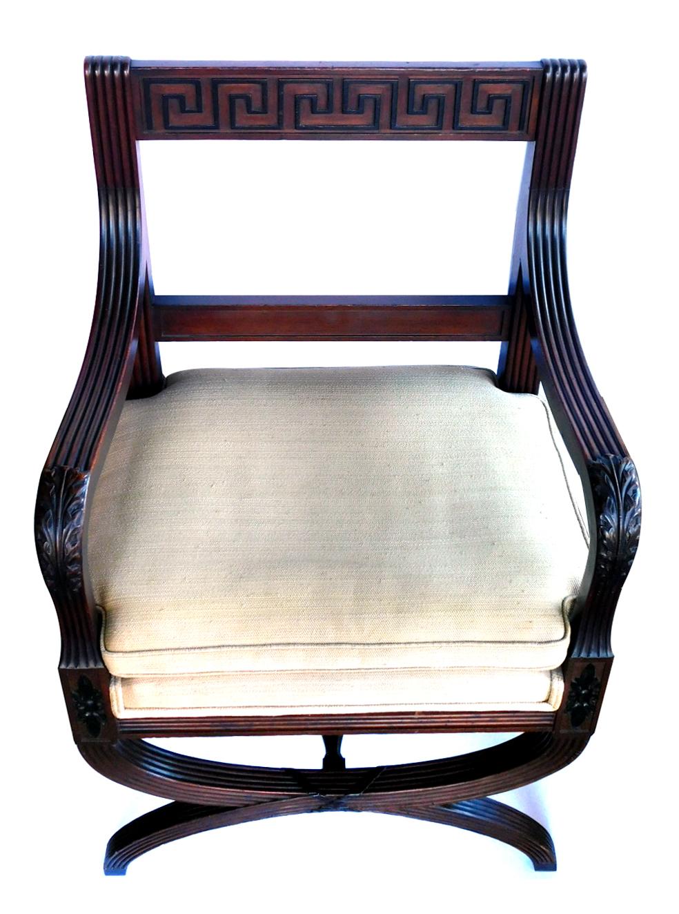 English Regency Style Curule-Form Armchair with Greek Key Relief For Sale 4