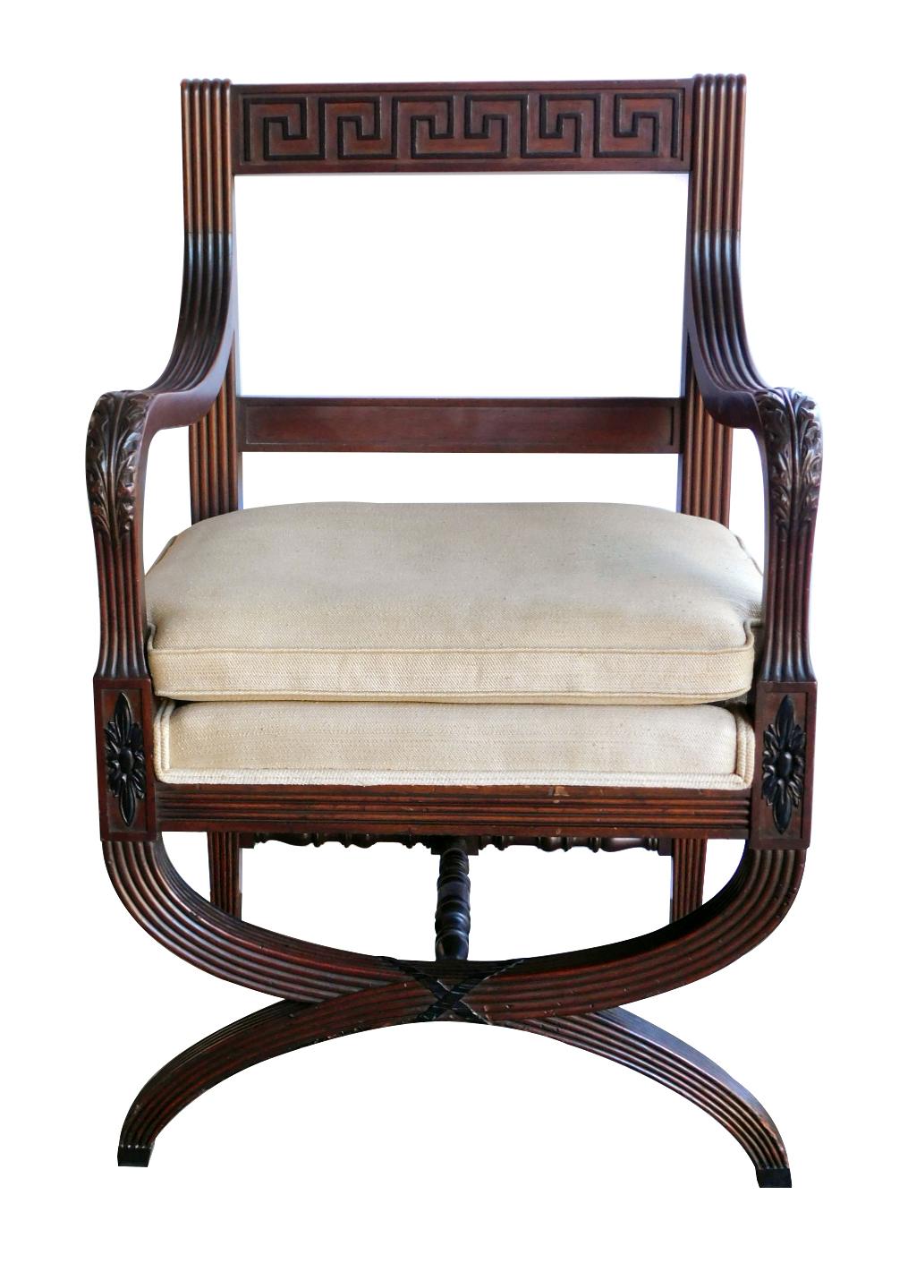 English Regency Style Curule-Form Armchair with Greek Key Relief For Sale 5