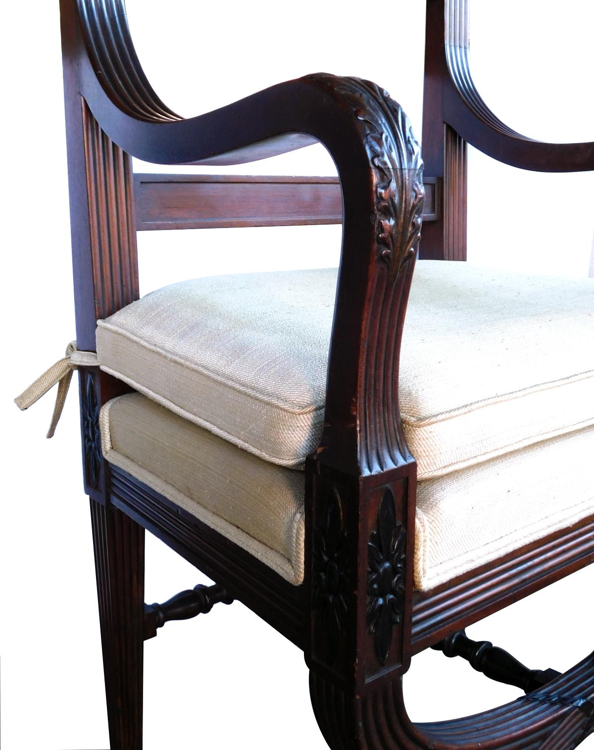 Carved English Regency Style Curule-Form Armchair with Greek Key Relief For Sale
