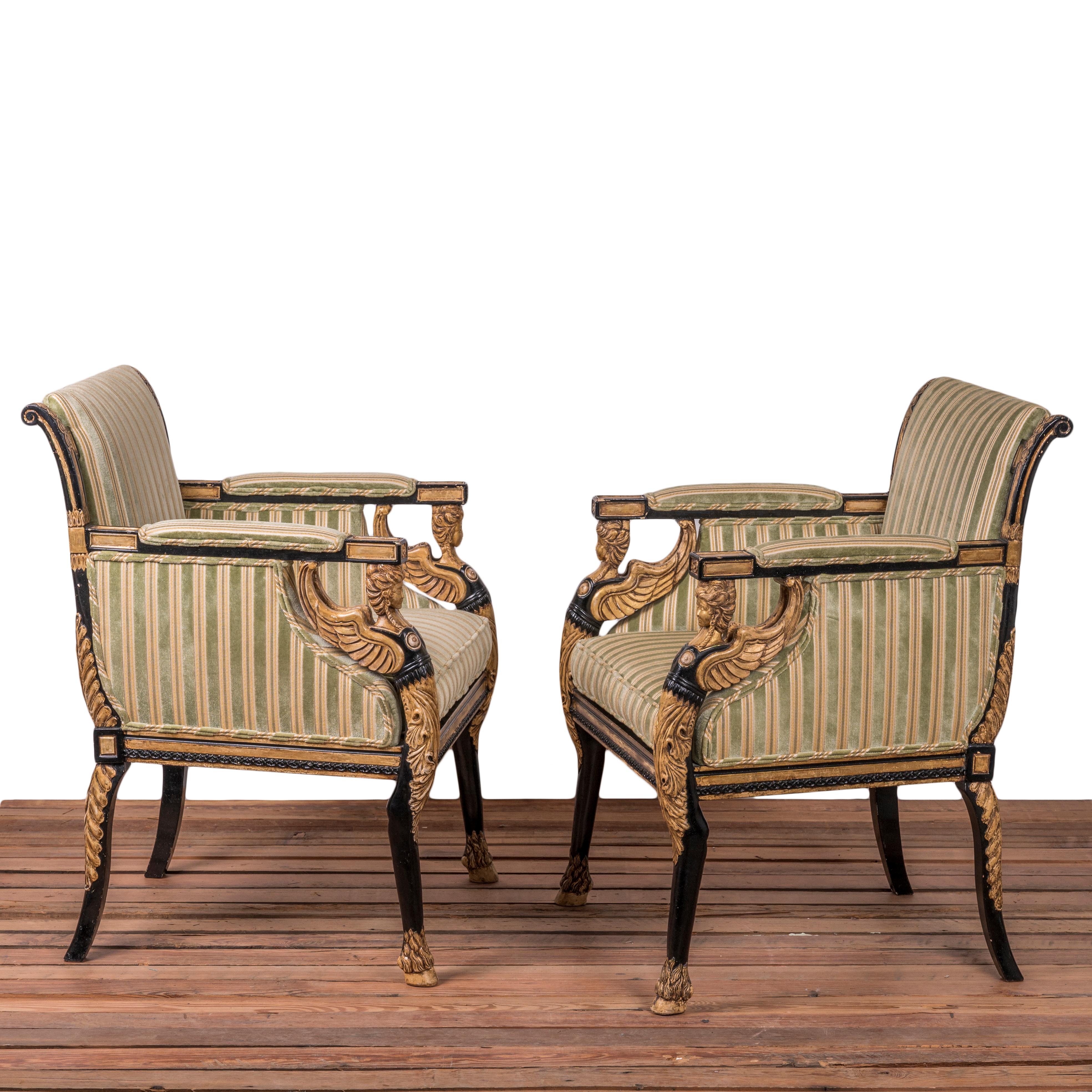 20th Century English Regency Style Ebonized and Parcel Gilt Chairs - A Pair For Sale