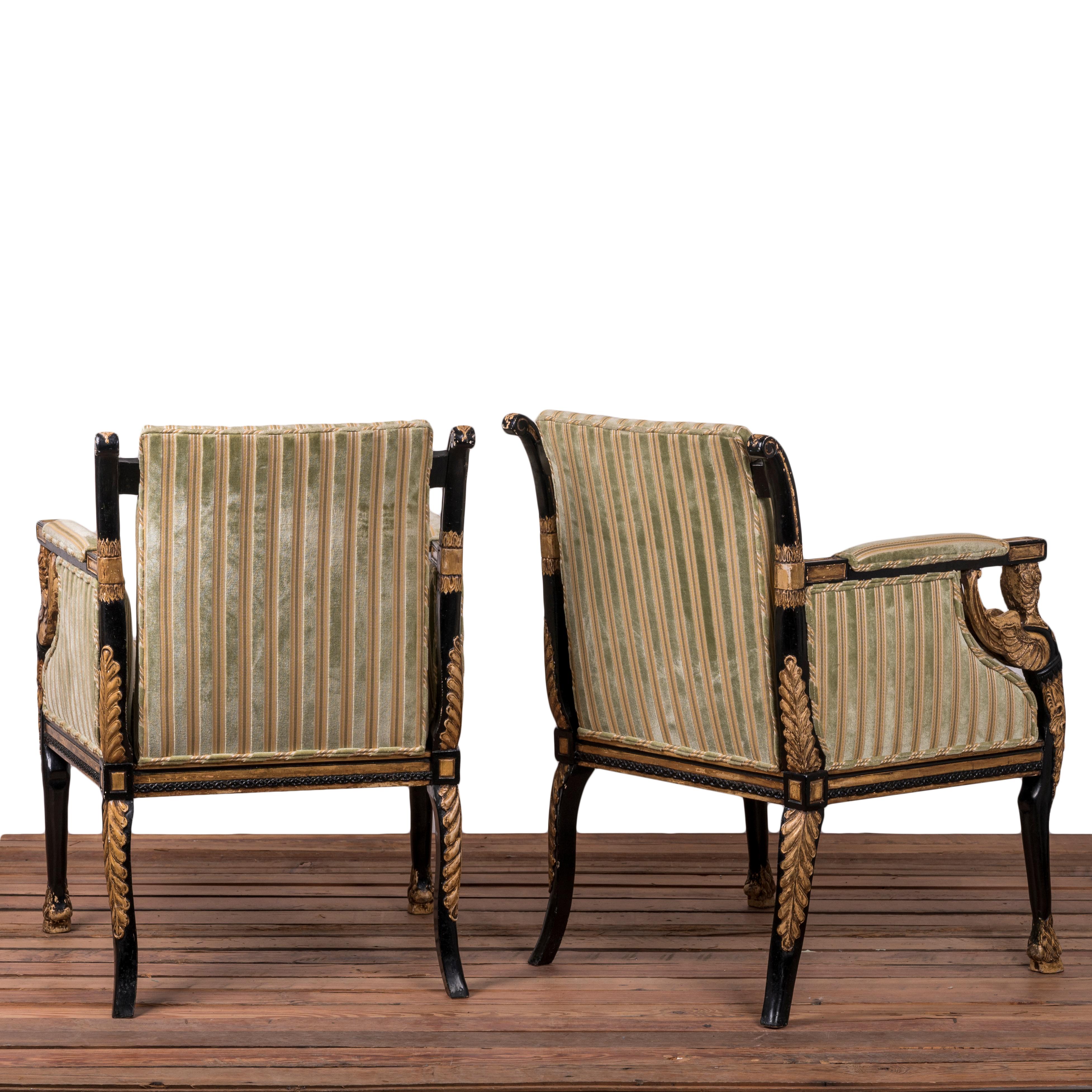 Upholstery English Regency Style Ebonized and Parcel Gilt Chairs - A Pair For Sale
