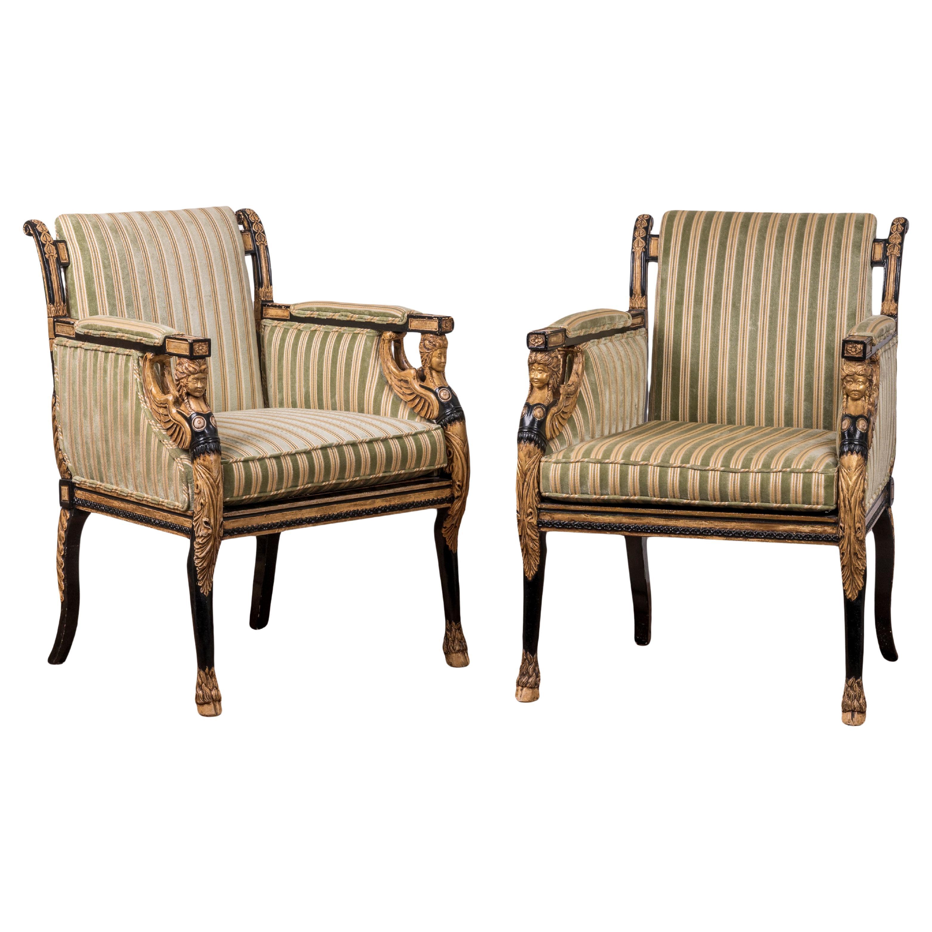 English Regency Style Ebonized and Parcel Gilt Chairs - A Pair For Sale