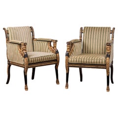 Vintage English Regency Style Ebonized and Parcel Gilt Chairs - A Pair