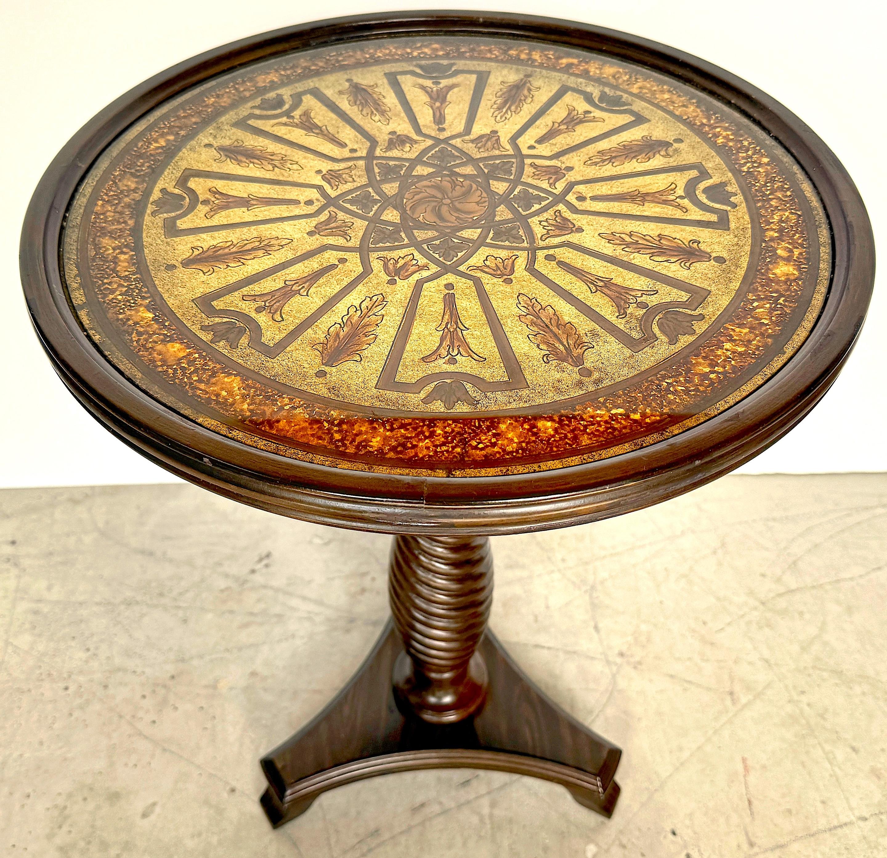 Carved English Regency Style Eglomise Reverse Painted Neoclassical Side Table For Sale