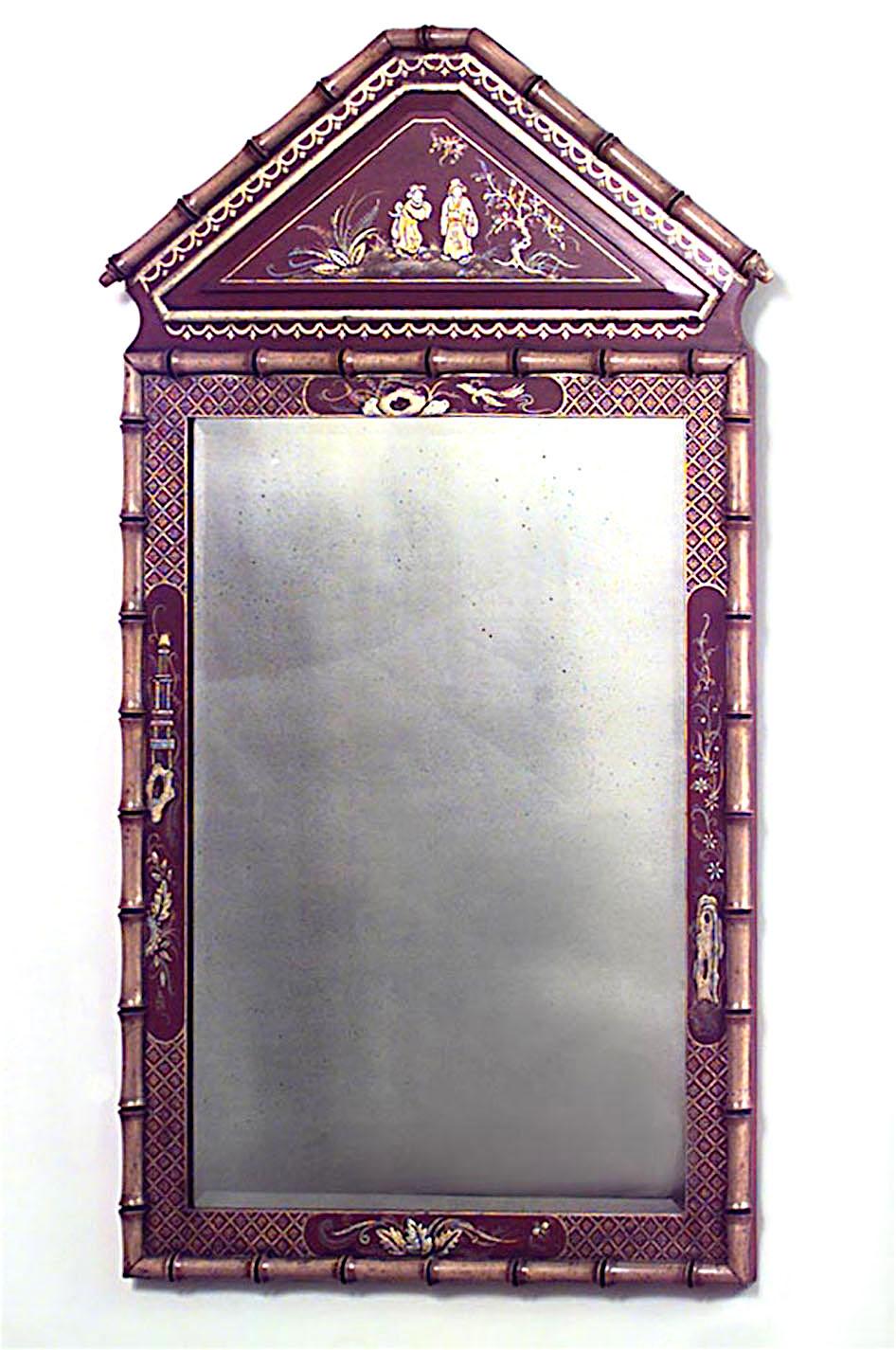 English Regency style faux bamboo wall mirror with pediment top and red lacquered chinoiserie decorated border (20th centry).
  