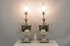 English Regency Style French Empire Silver Plated Large Urn Table Lamps - Pair