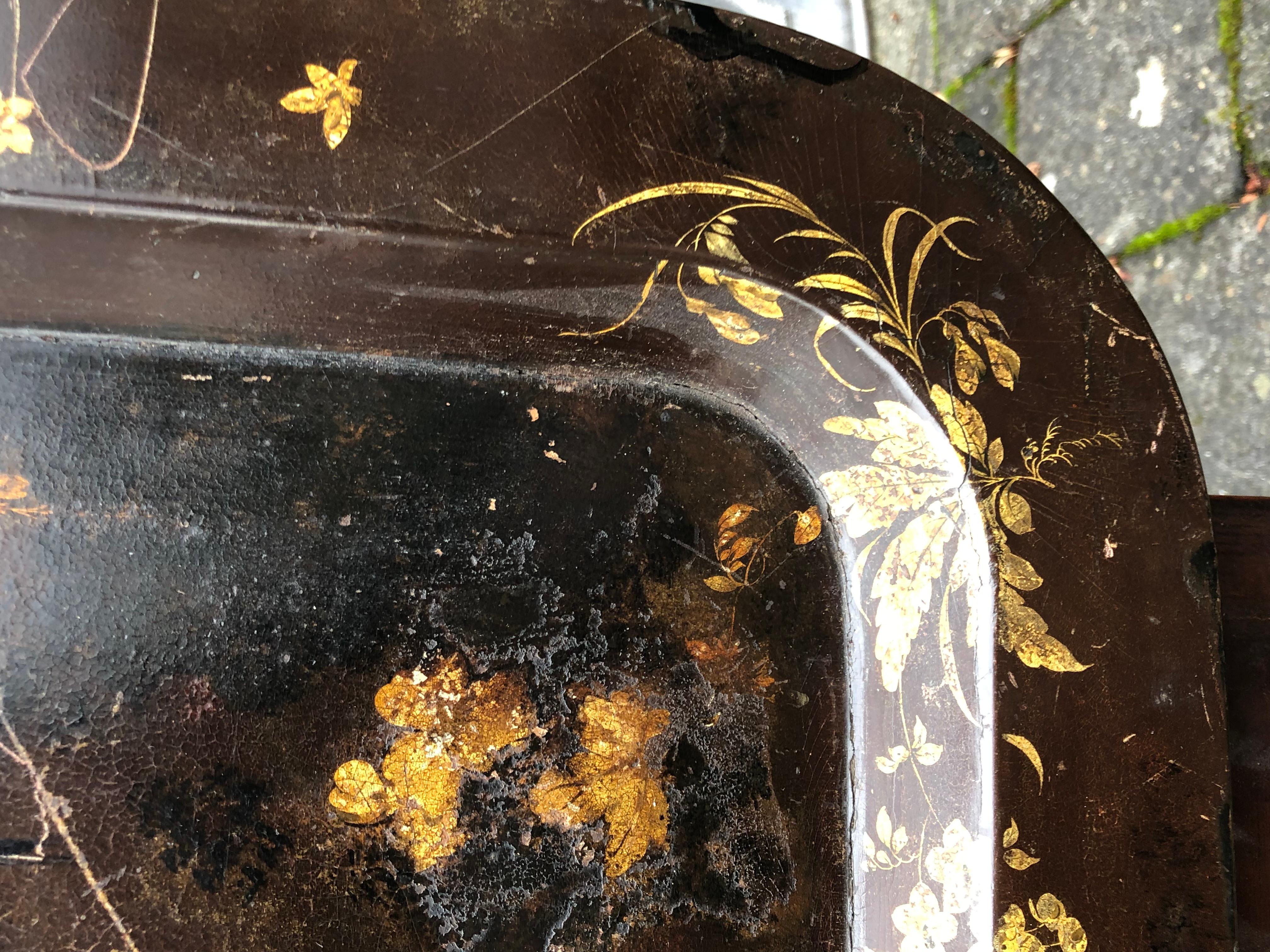Mid-19th Century English Regency Style Gilt Papier Mache Black Lacquer Tray Table, Stand For Sale