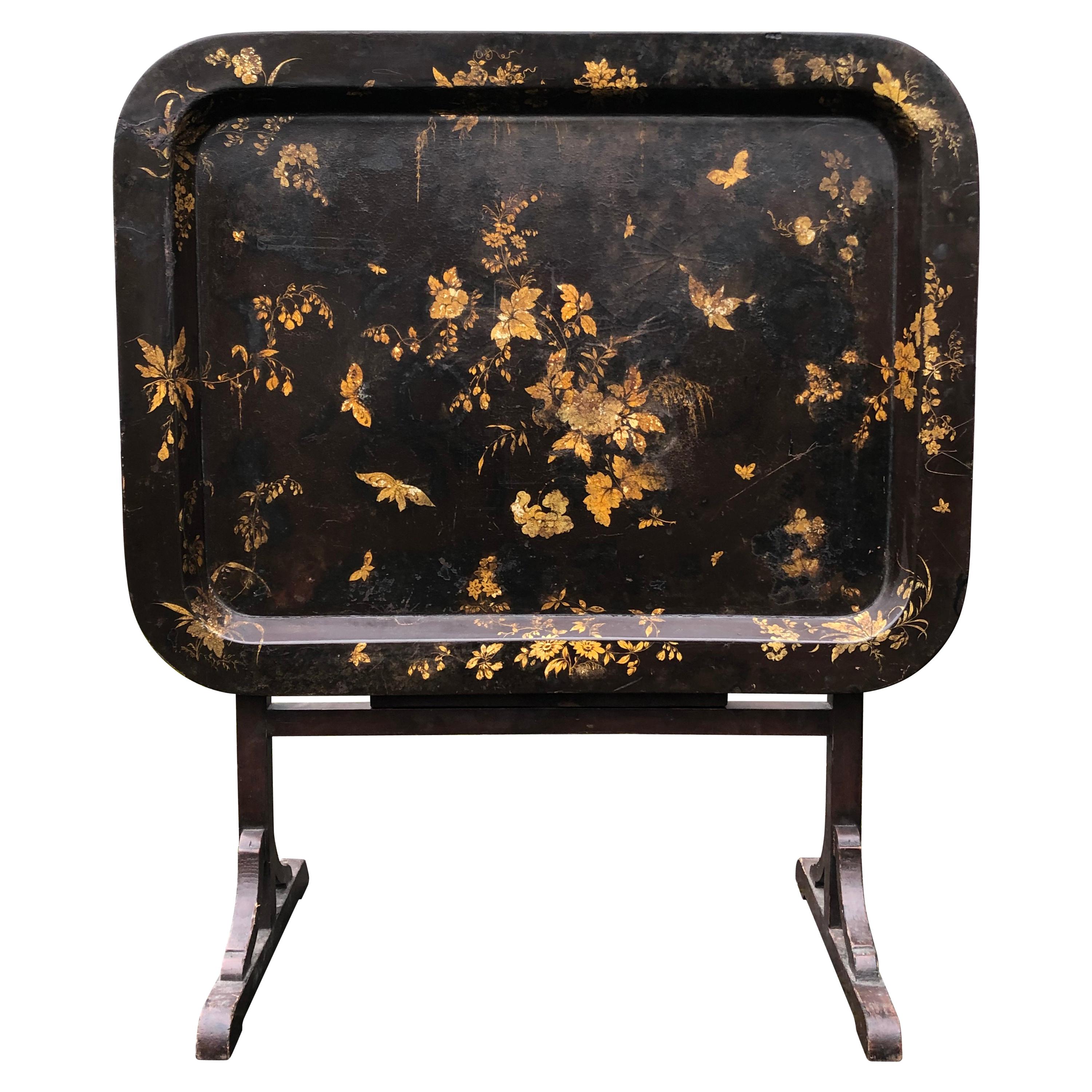 English Regency Style Gilt Papier Mache Black Lacquer Tray Table, Stand For Sale