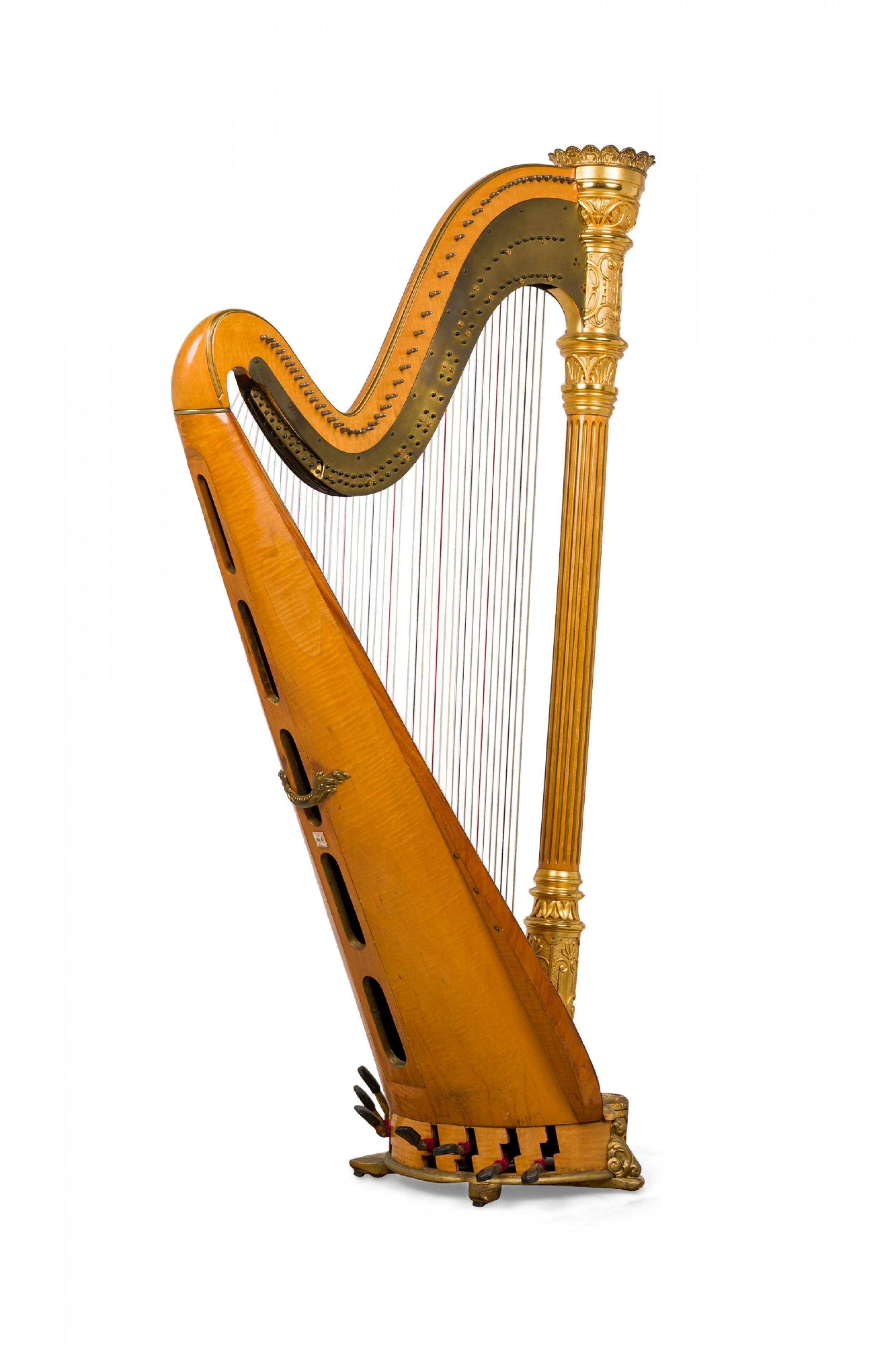 Britannique English Regency Style Giltwood & Brass Double Action 7-Pedal Harp en vente