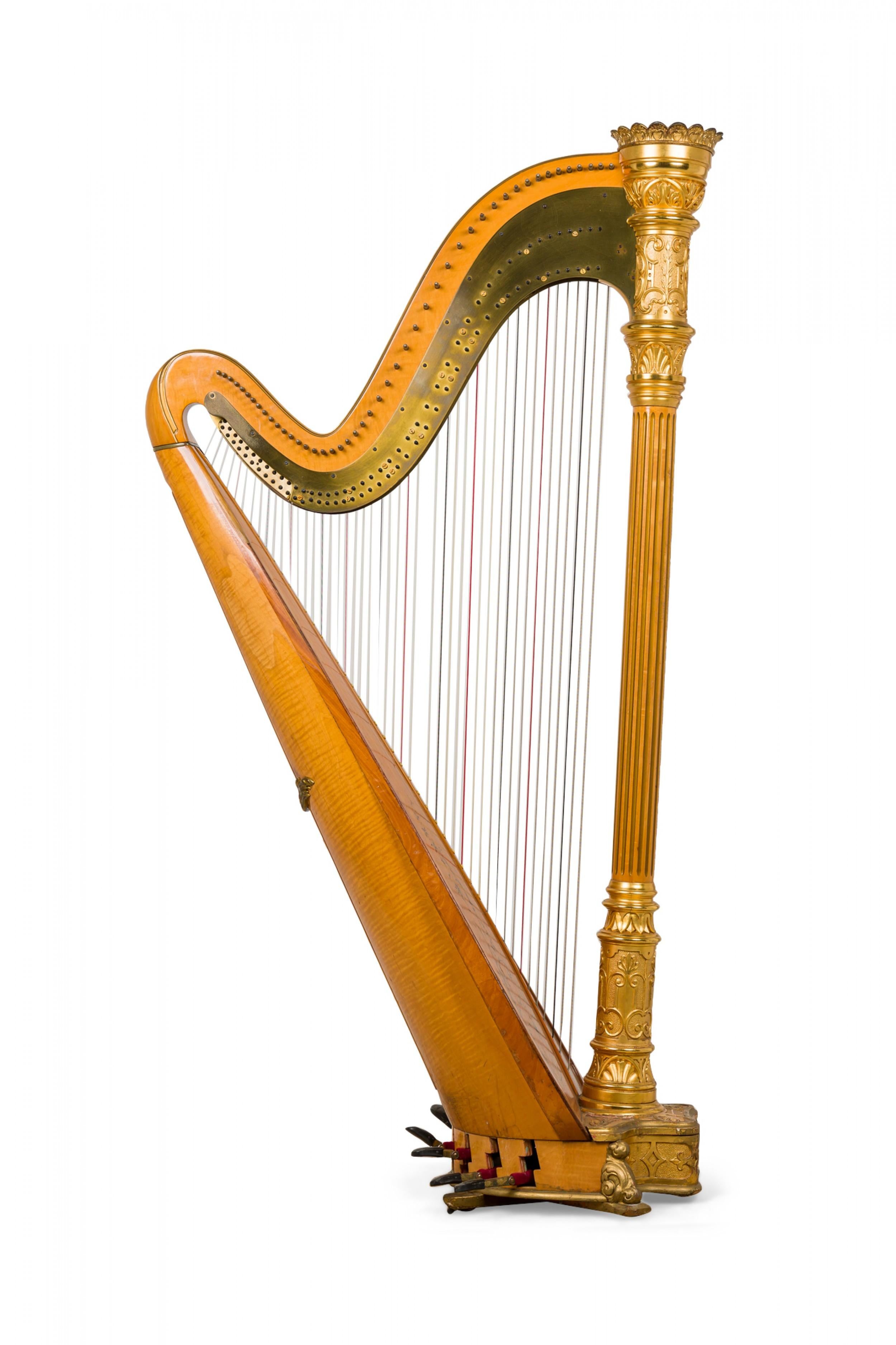 Doré English Regency Style Giltwood & Brass Double Action 7-Pedal Harp en vente