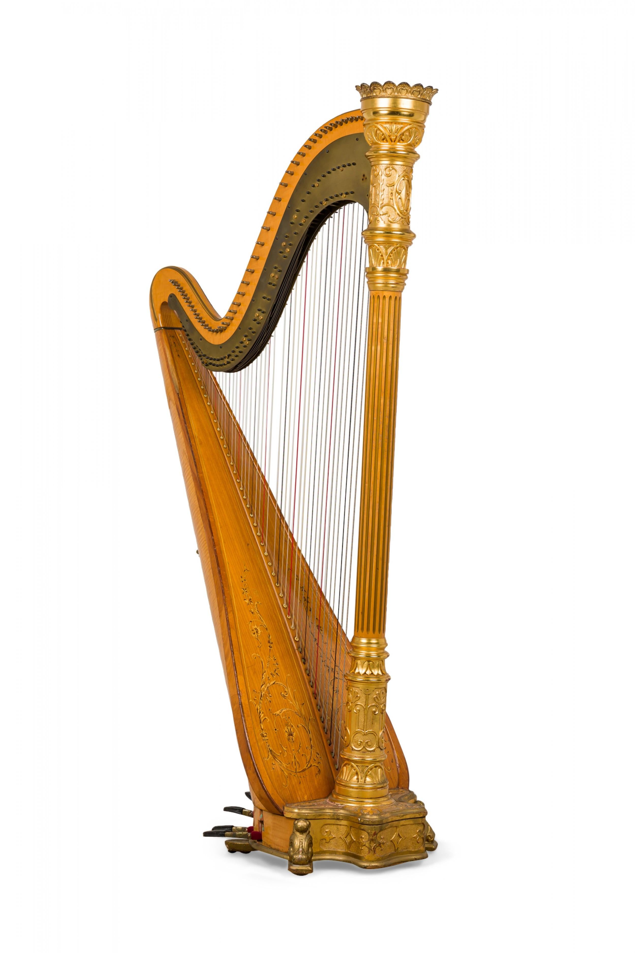 English Regency Style Giltwood & Brass Double Action 7-Pedal Harp Bon état - En vente à Queens, NY
