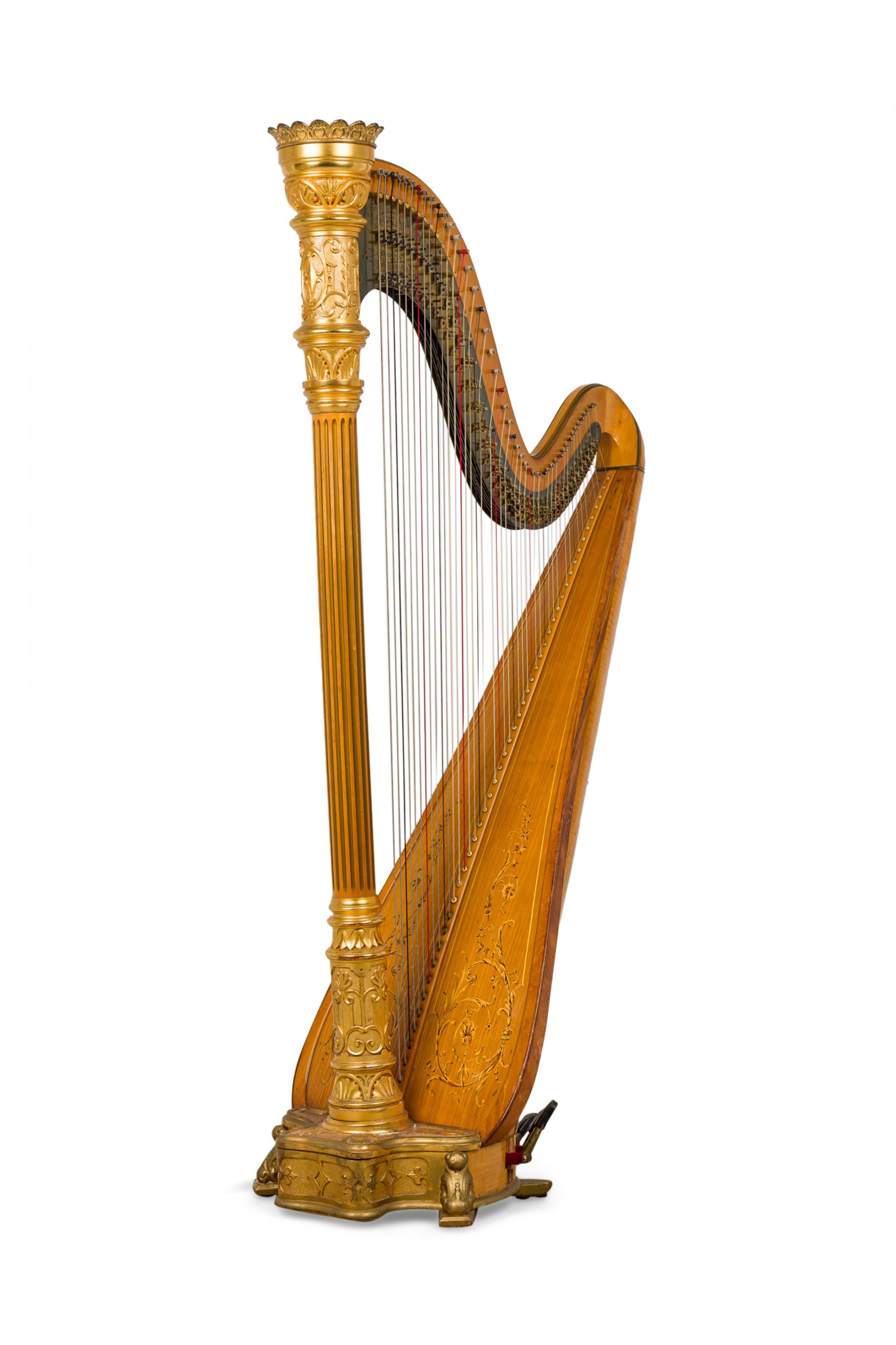 Laiton English Regency Style Giltwood & Brass Double Action 7-Pedal Harp en vente