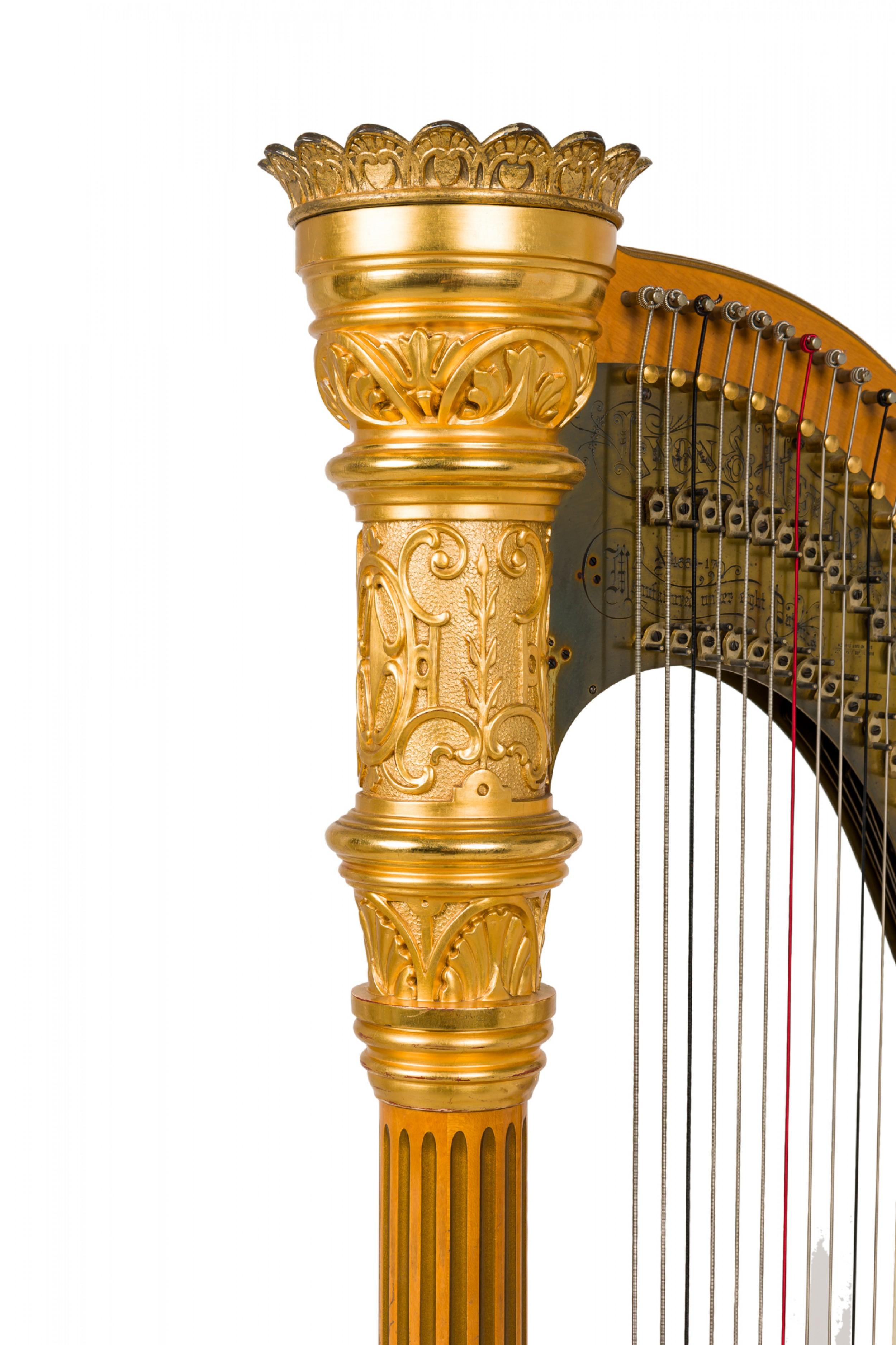 English Regency Style Giltwood & Brass Double Action 7-Pedal Harp en vente 1