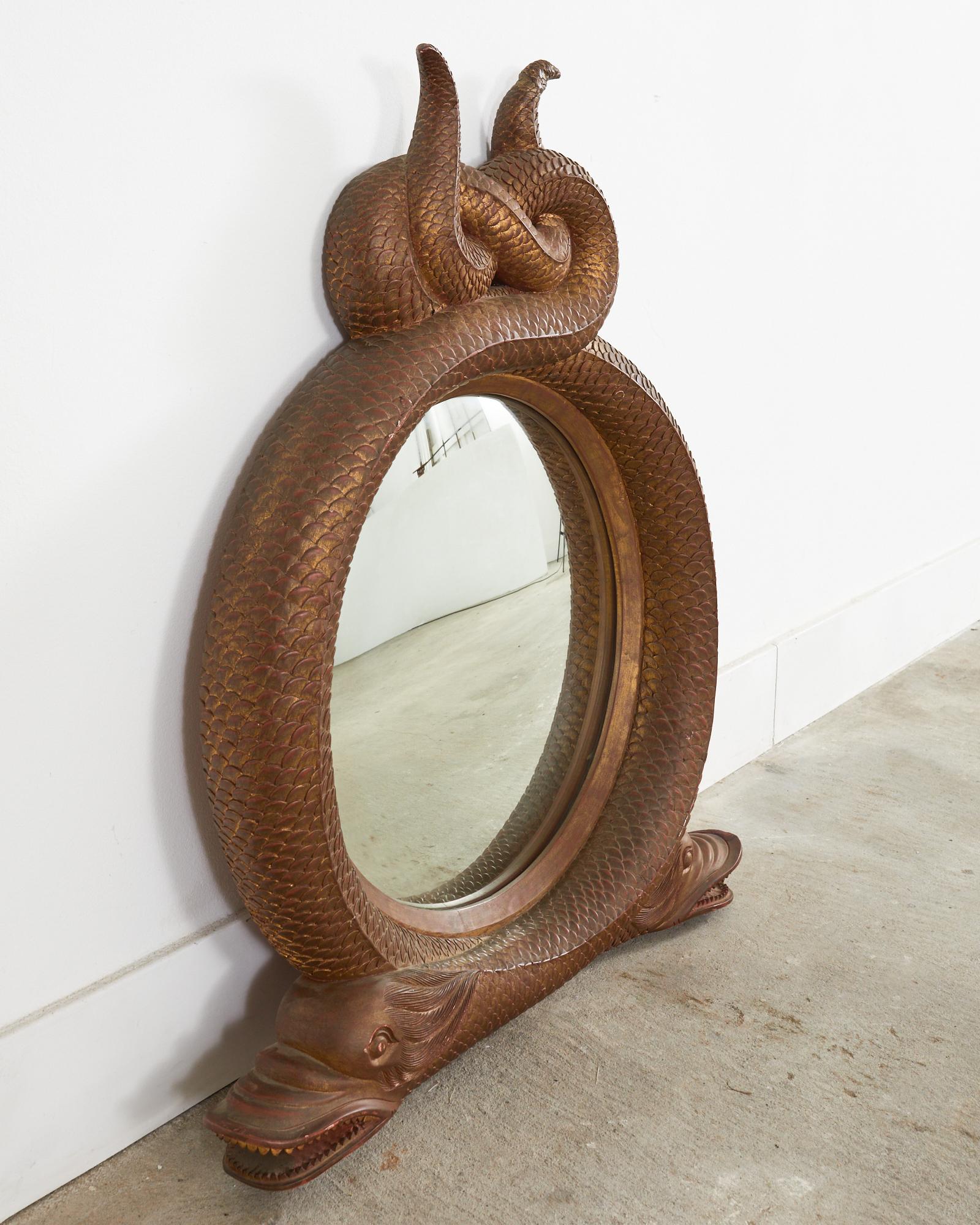 Hand-Carved English Regency Style Giltwood Carved Dolphin Serpentine Mirror For Sale