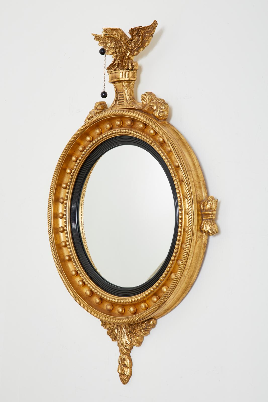 American English Regency Style Giltwood Convex Girandole Mirror For Sale