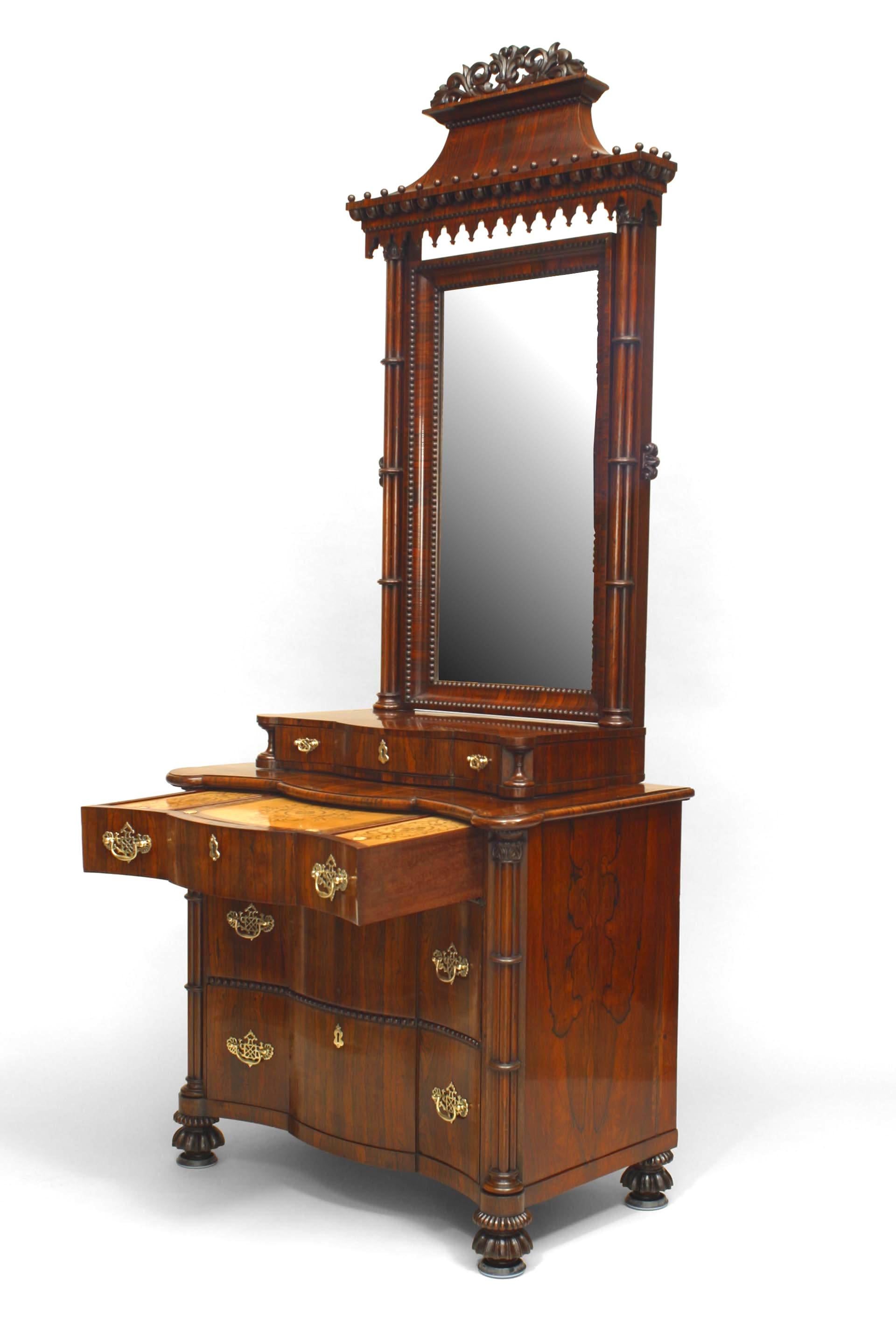 English Regency-style (Circa 1840) rosewood Gothic design chest of drawers with pagoda mirror top.

