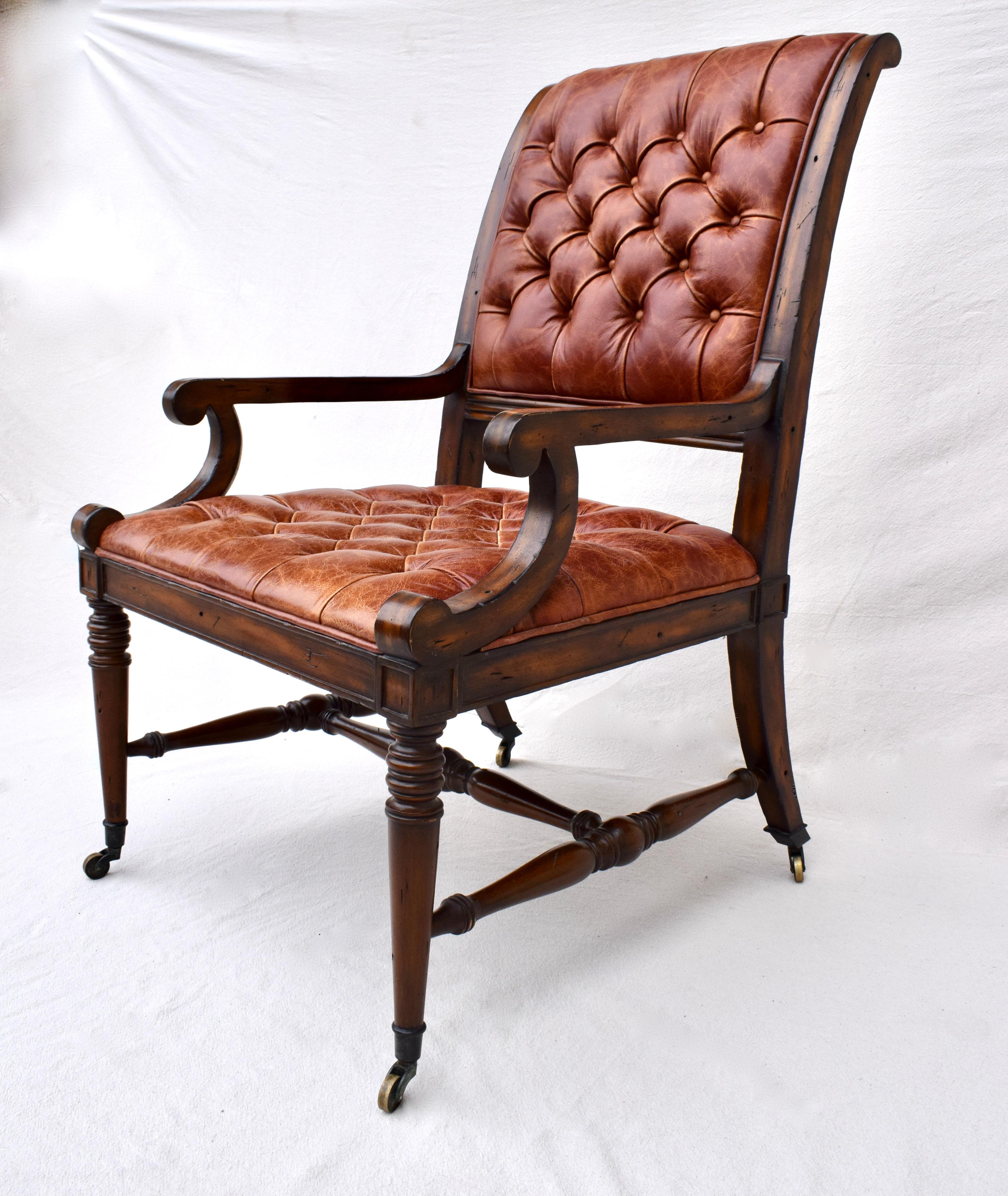 American English Regency Style Leather Library Chair on Brass Casters
