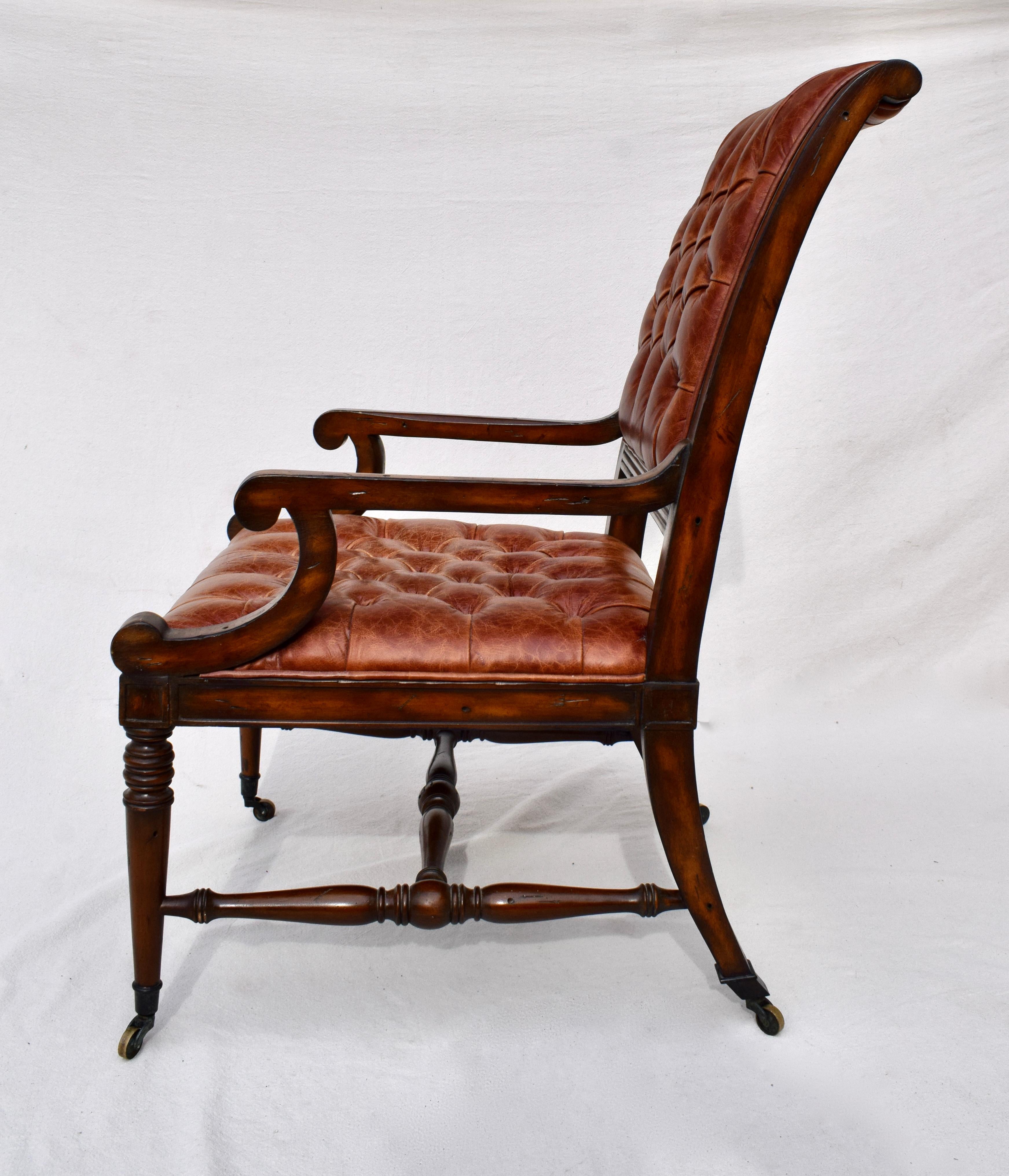 English Regency Style Leather Library Chair on Brass Casters In Good Condition In Southampton, NJ