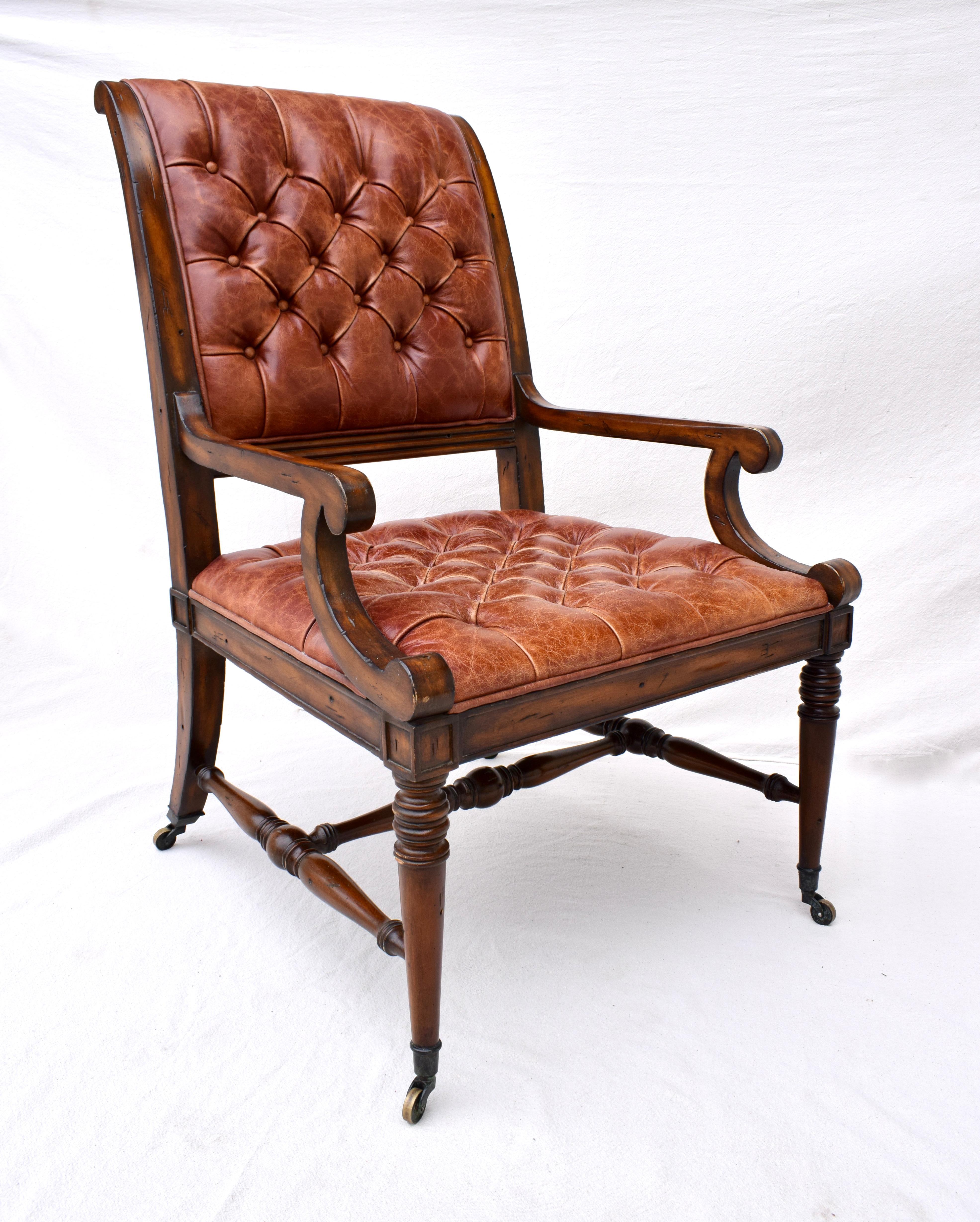 English Regency Style Leather Library Chair on Brass Casters 2