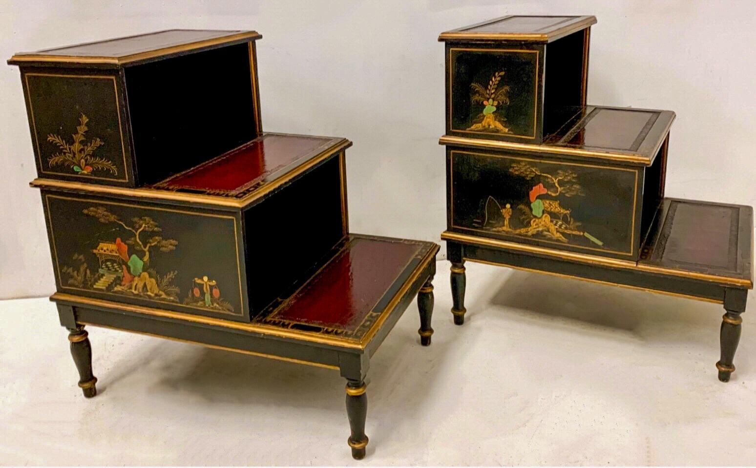 English Regency Style Leather Top Chinoiserie Library Steps or Side Tables, Pair In Good Condition In Kennesaw, GA