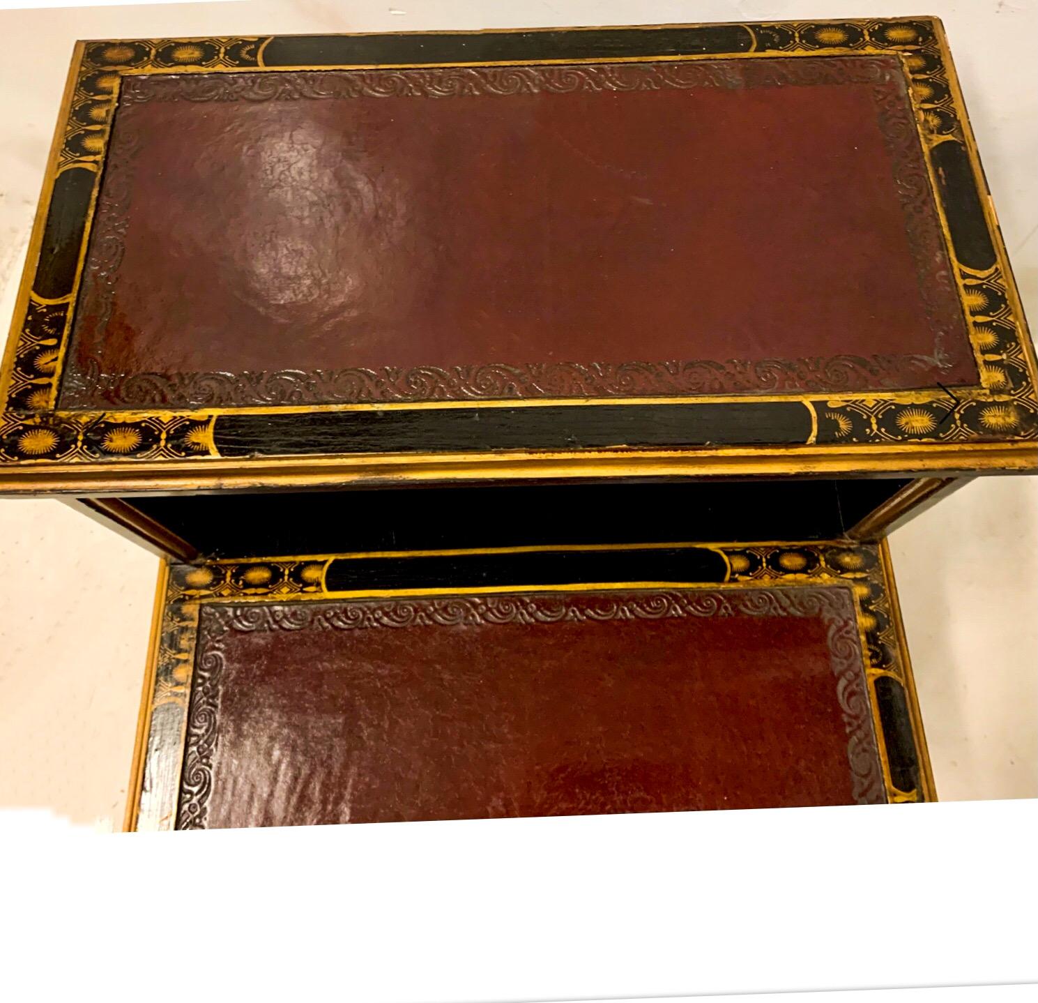 20th Century English Regency Style Leather Top Chinoiserie Library Steps or Side Tables, Pair