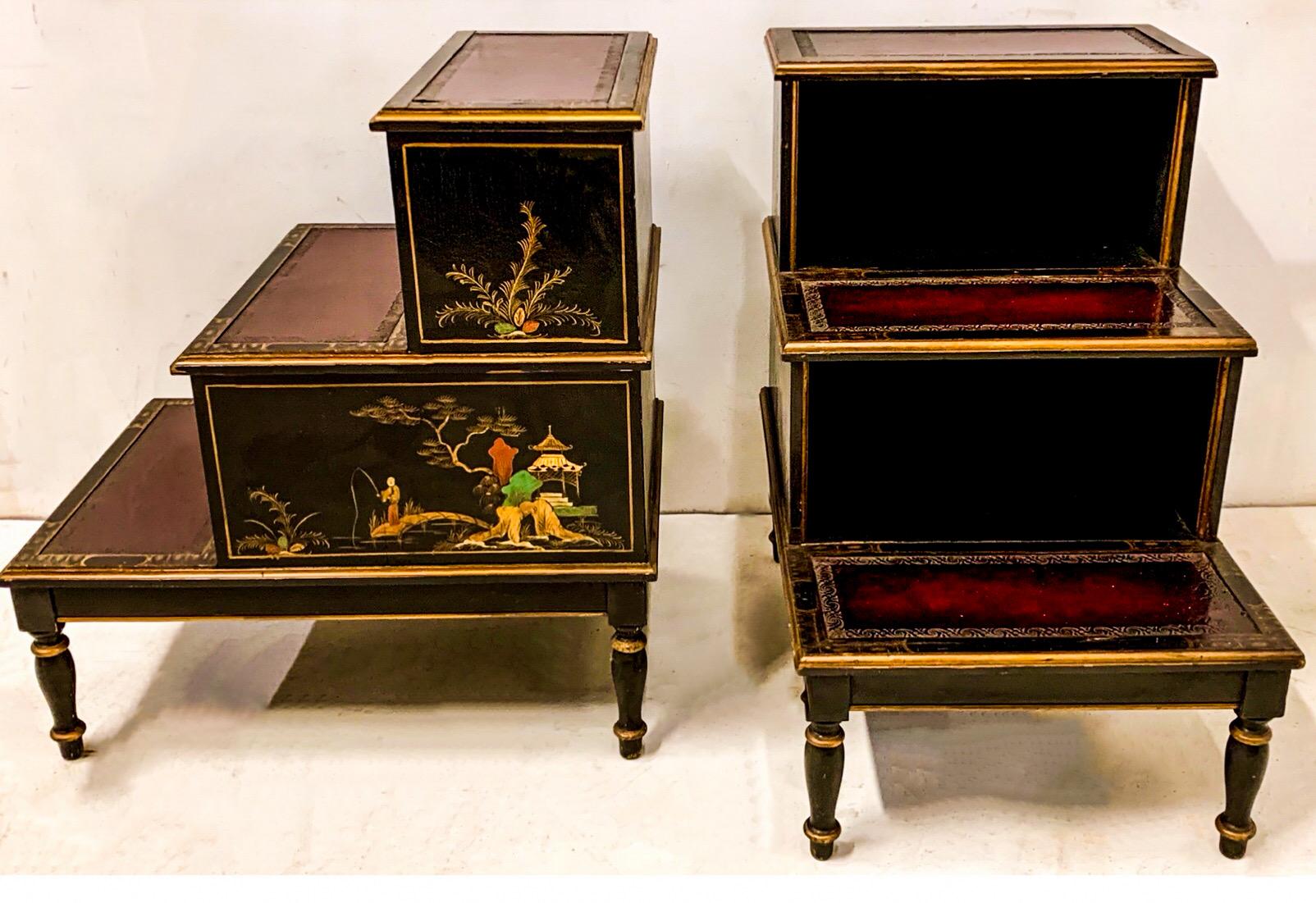 English Regency Style Leather Top Chinoiserie Library Steps or Side Tables, Pair 1