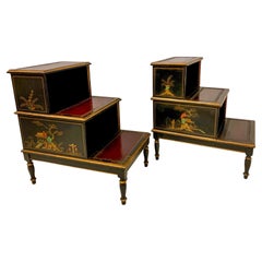 Vintage English Regency Style Leather Top Chinoiserie Library Steps or Side Tables, Pair