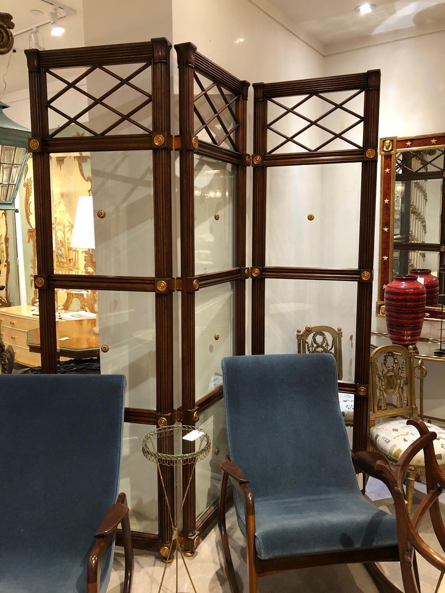 English Regency style (20th Century) mahogany 3 fold screen with 3 beveled glass panels per fold and an open design top section
