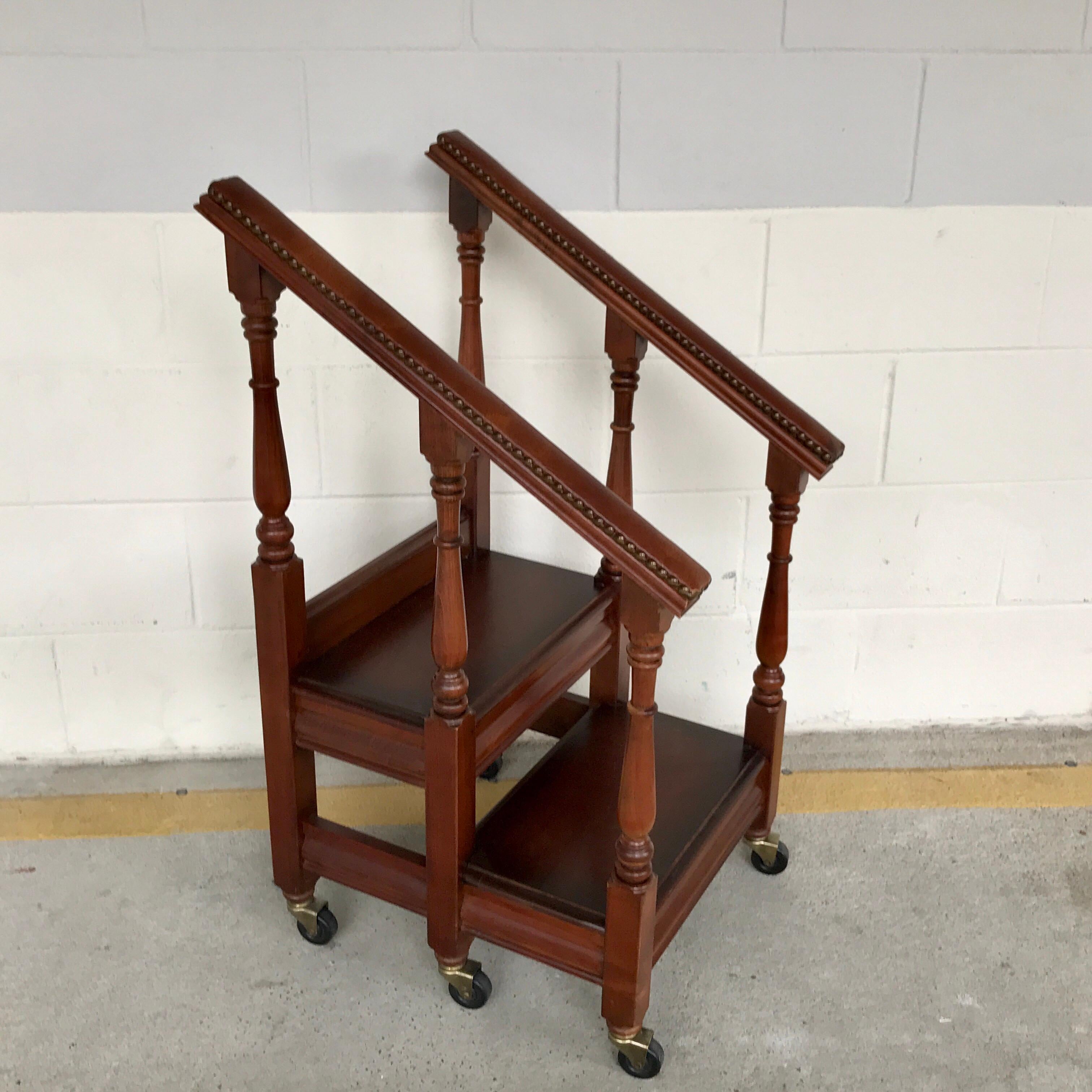 English Regency Style Mahogany and Leather Rolling Library Steps 3