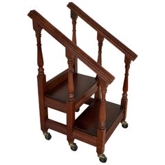 Vintage English Regency Style Mahogany and Leather Rolling Library Steps
