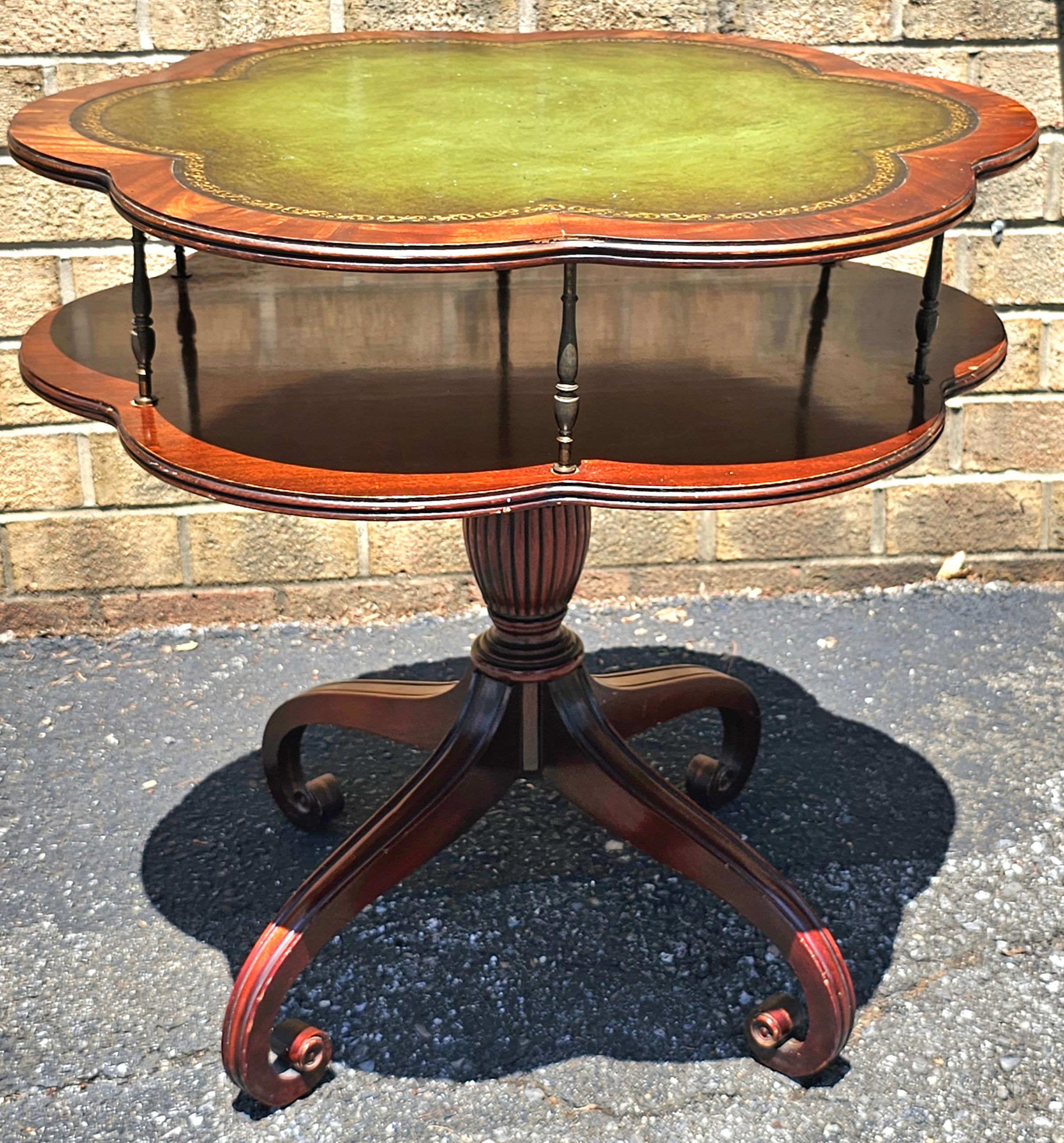 American English Regency Style Mahogany and Tooled Leather Inset Top Two Tier Table For Sale