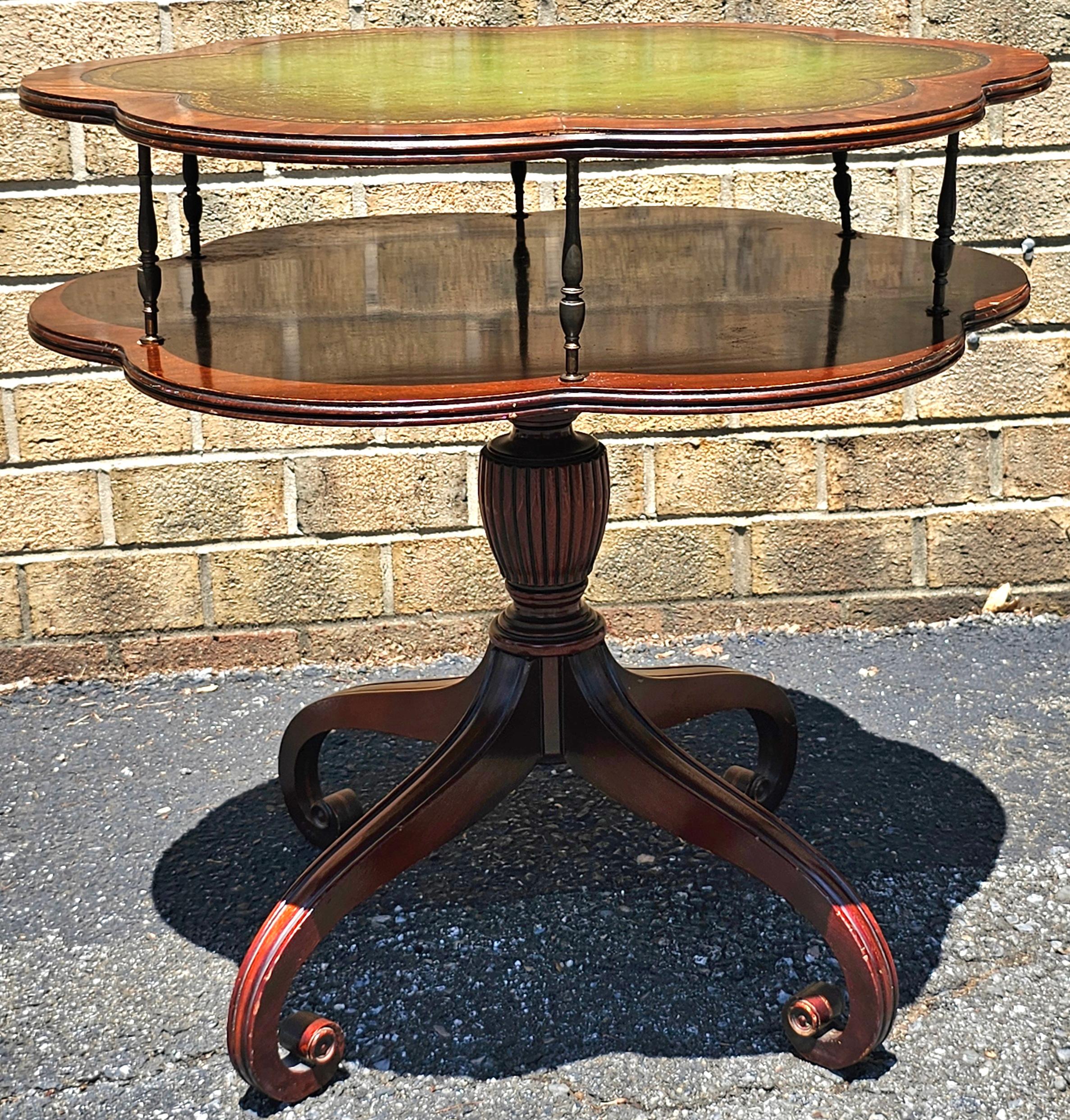 Carved English Regency Style Mahogany and Tooled Leather Inset Top Two Tier Table For Sale