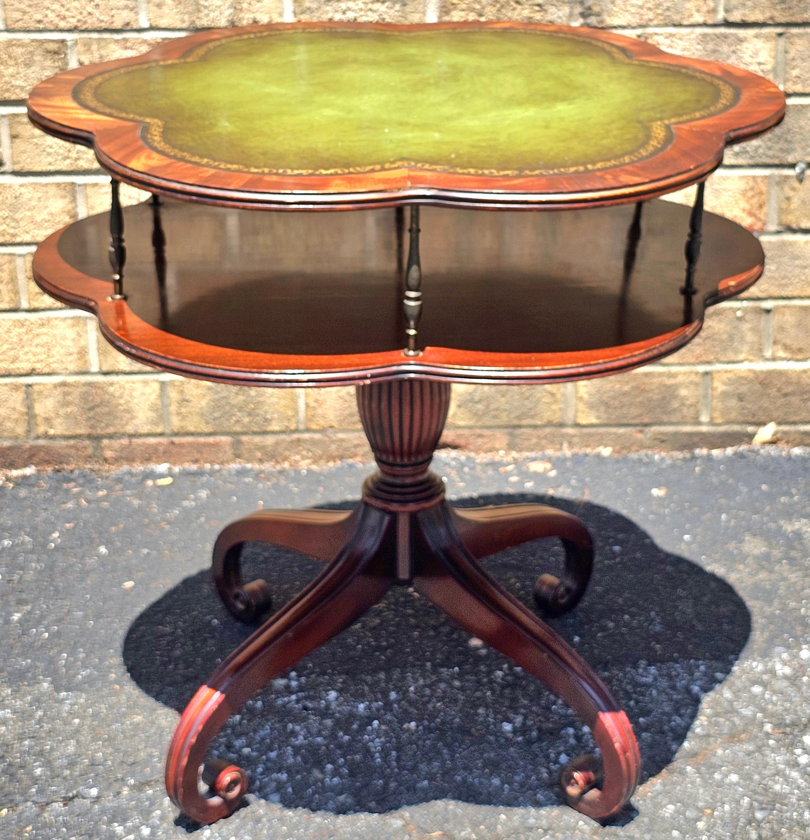 English Regency Style Mahogany and Tooled Leather Inset Top Two Tier Table In Good Condition For Sale In Germantown, MD