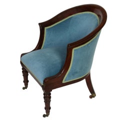 English Regency Style Mahogany Barrel Library Chair in Blue Velvet