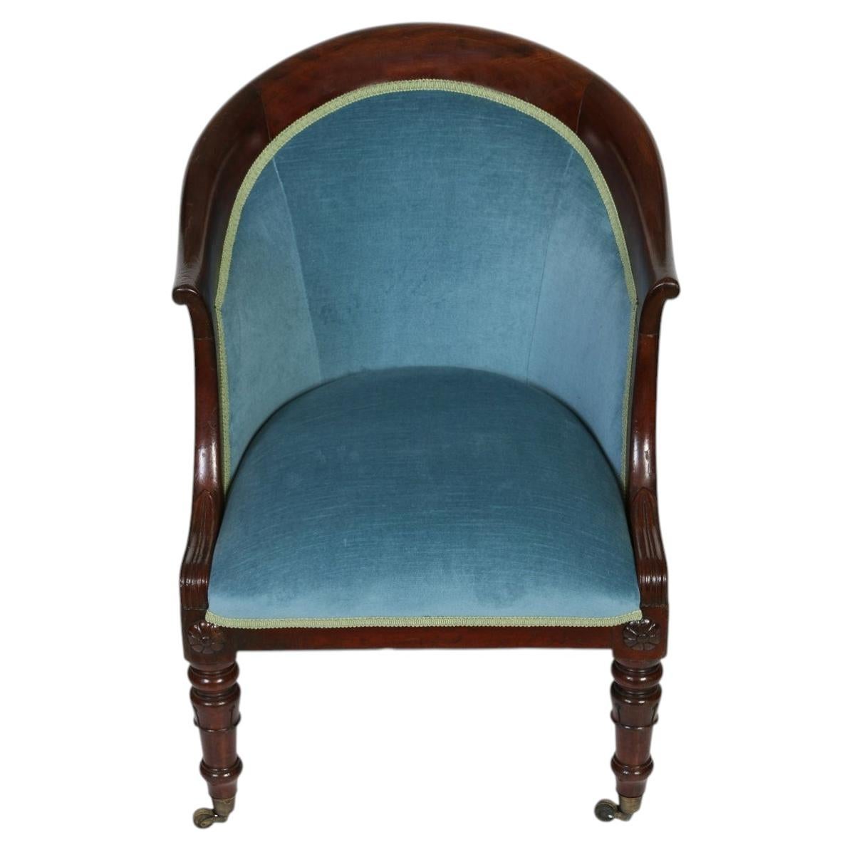 English Regency Style Mahogany Barrel Library Chair in Blue Velvet