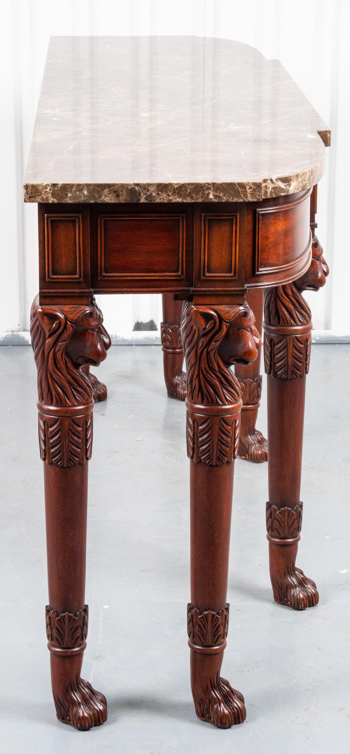 English Regency Style Mahogany Console Table with Marble Top and Lion Heads In Good Condition In New York, NY