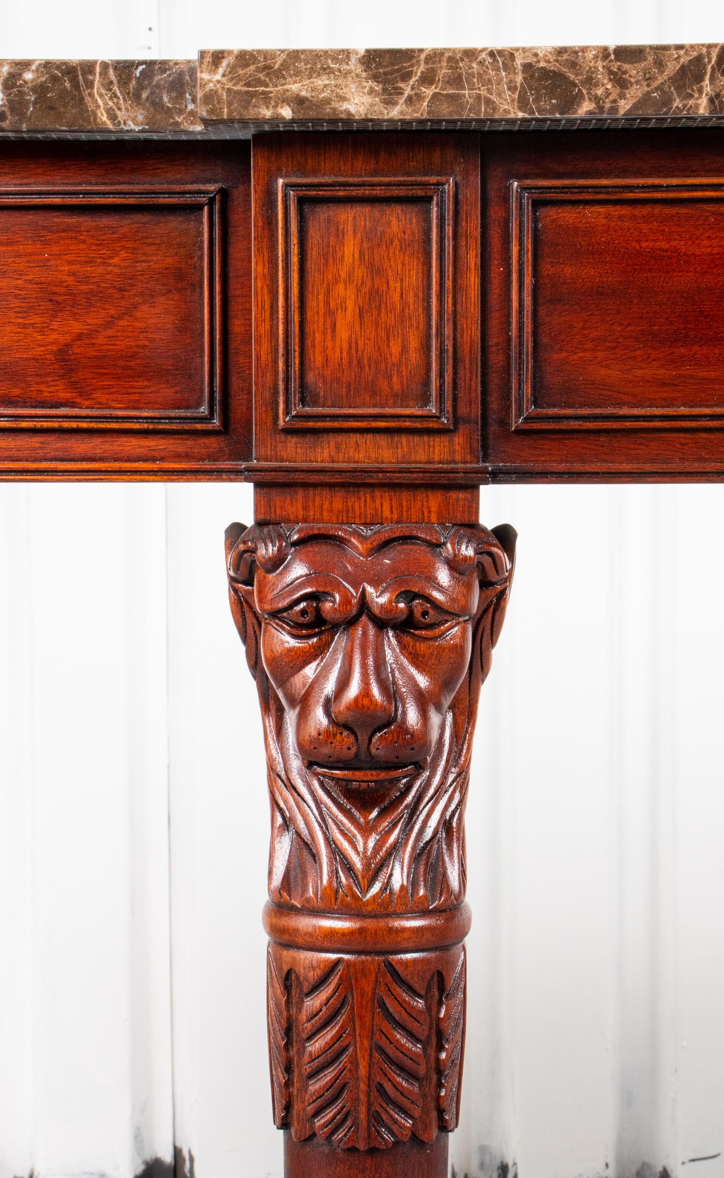 20th Century English Regency Style Mahogany Console Table with Marble Top and Lion Heads