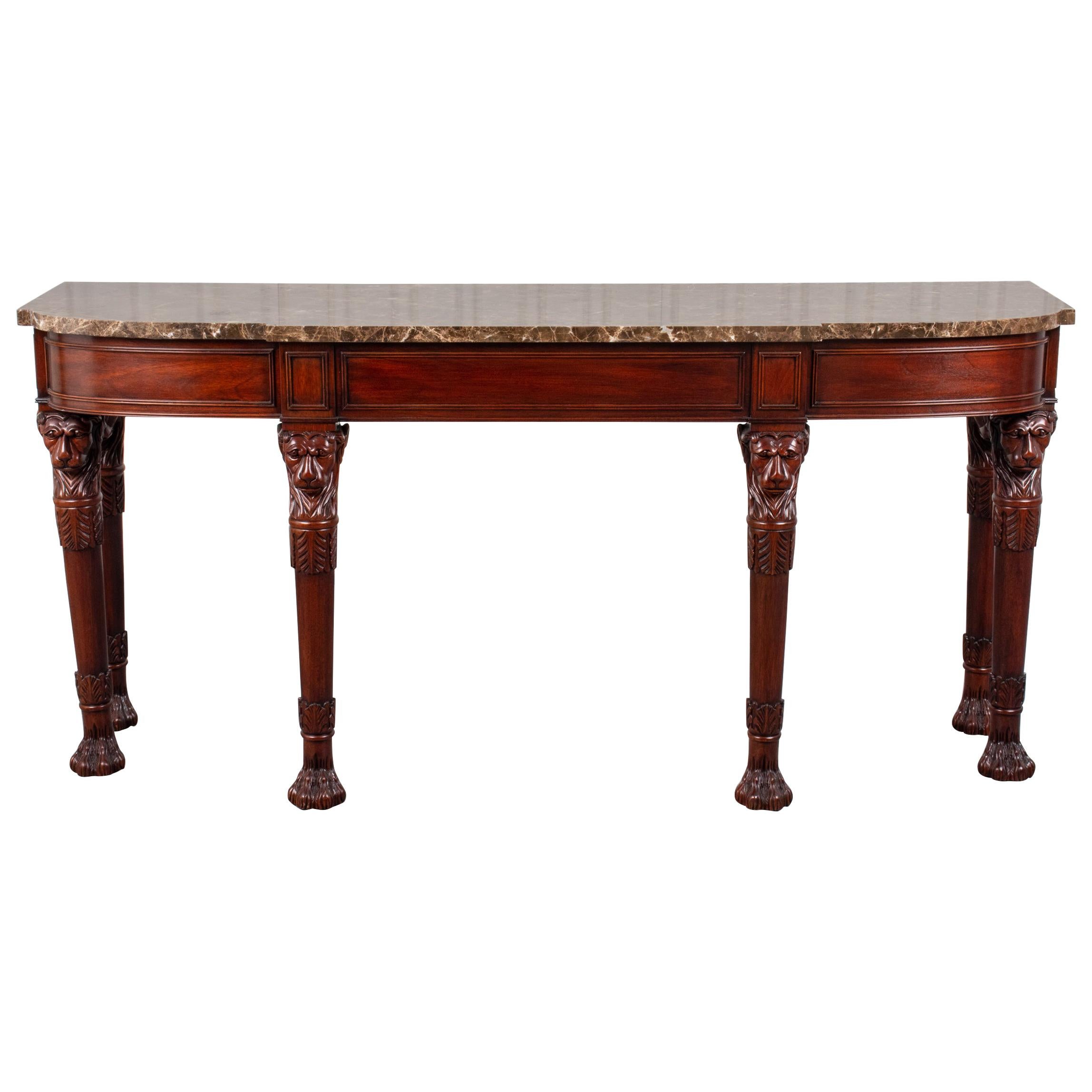 English Regency Style Mahogany Console Table with Marble Top and Lion Heads