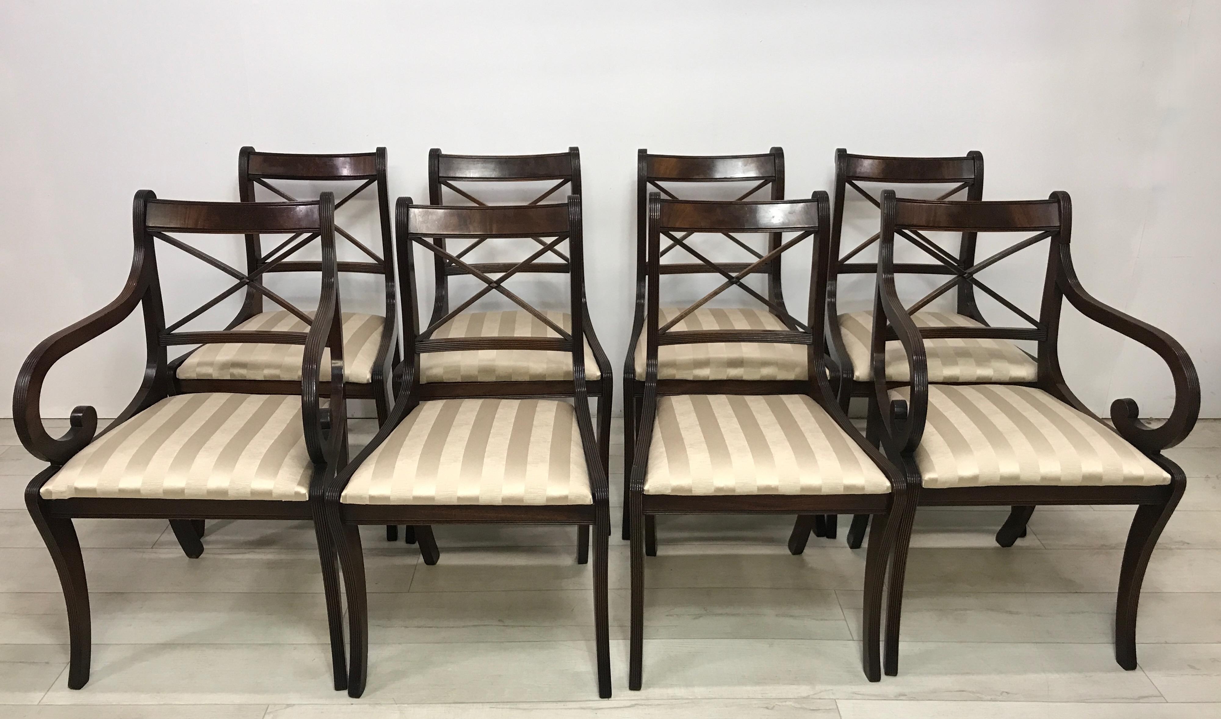 A set of eight English Regency style mahogany dining chairs, consisting of six side chairs and two armchairs.
These are high quality American reproduction, made in the second half of the 20th century.
Recently refreshed and reconditioned with new
