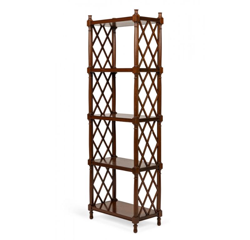 English Regency-style (late 20th Century) mahogany etagere with latticed sides and four solid shelves.

Condition: Good; Wear consistent with age and use