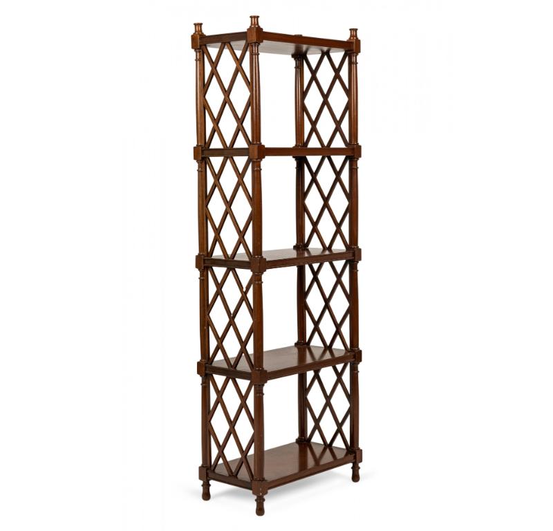 Hand-Crafted English Regency-Style Mahogany Lattice-Sided 4-Shelf Etagere / Bookshelf