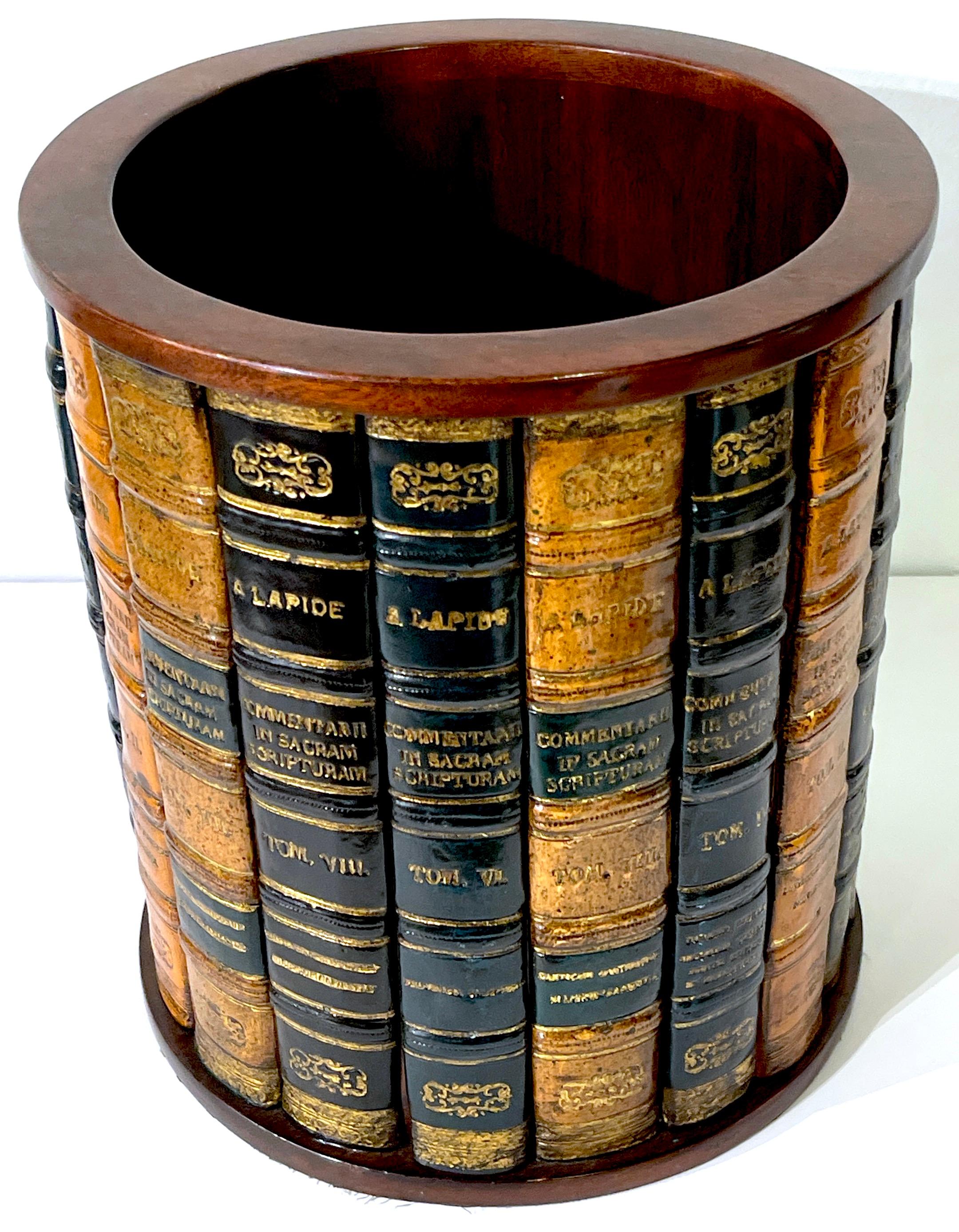 English Regency Style Hardwood & Leather Book Motif Trashcan/Wastepaper Basket   For Sale 6