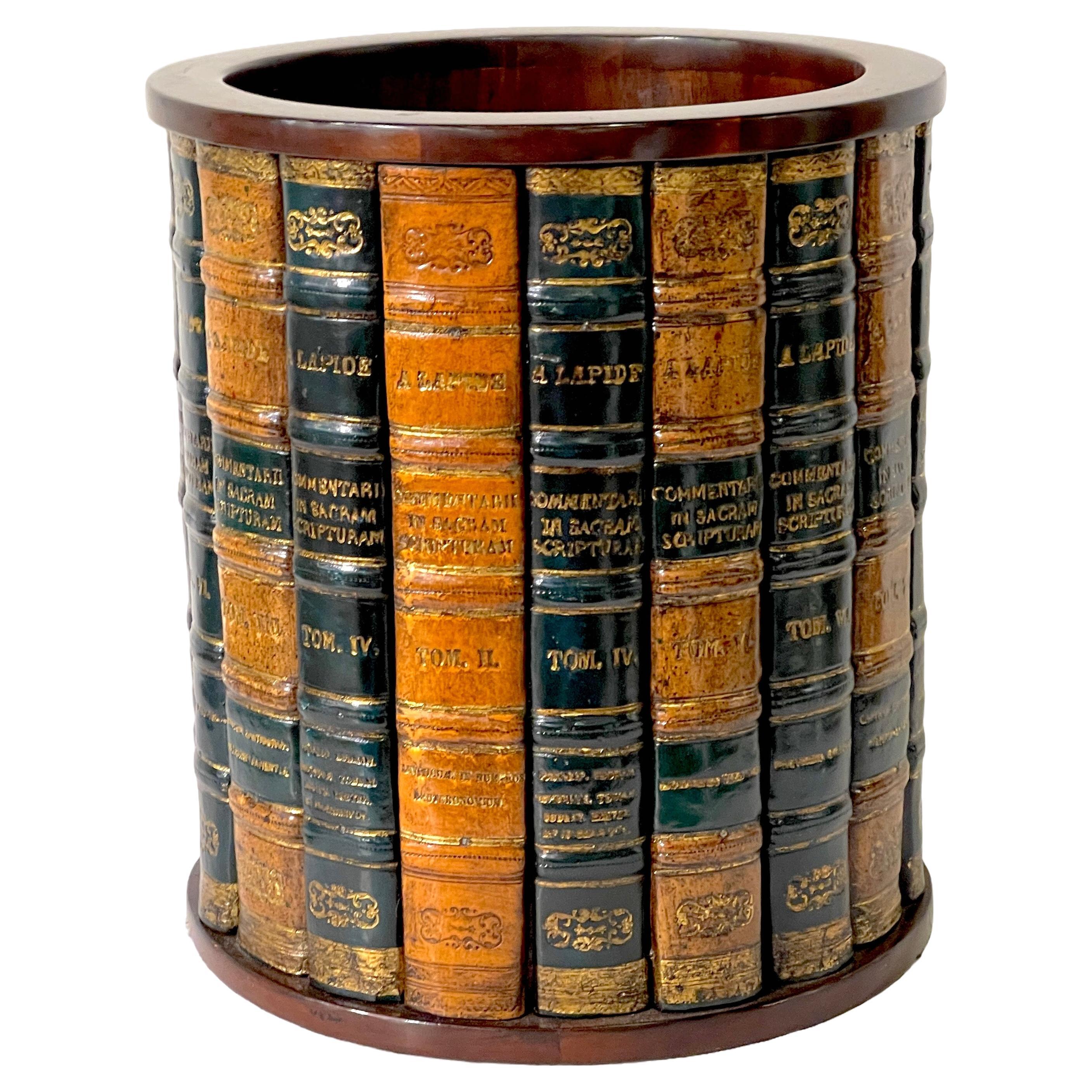English Regency Style Hardwood & Leather Book Motif Trashcan/Wastepaper Basket  
