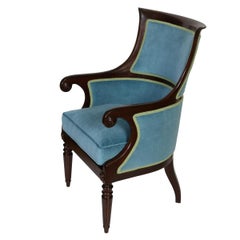 English Regency Style Mahogany Library Armchair With New Blue Velvet Upholstery
