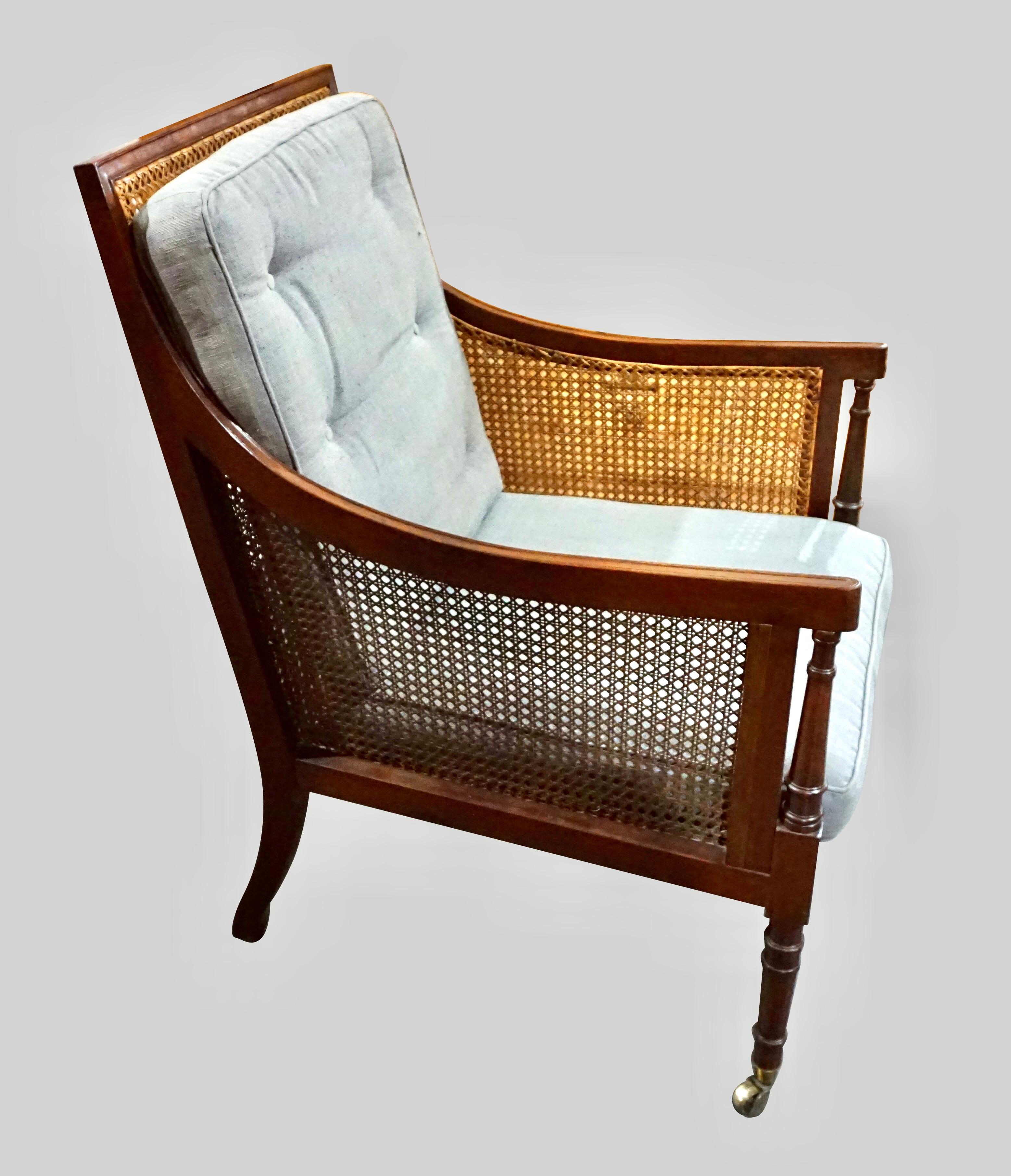 20th Century  English Regency Style Mahogany Library Caned Bergere 