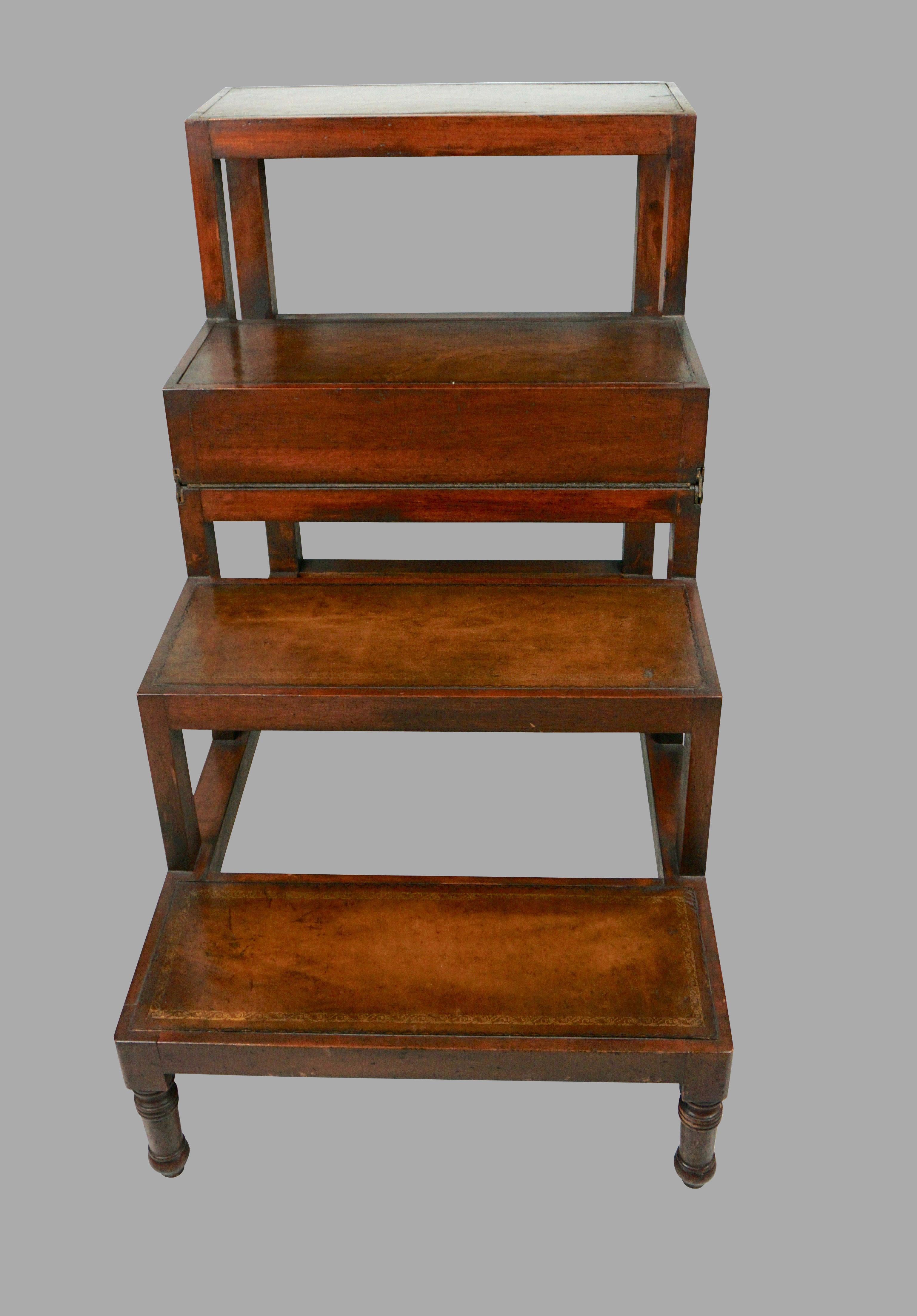 20th Century English Regency Style Mahogany Metamorphic Library Steps with Tooled Leather Top