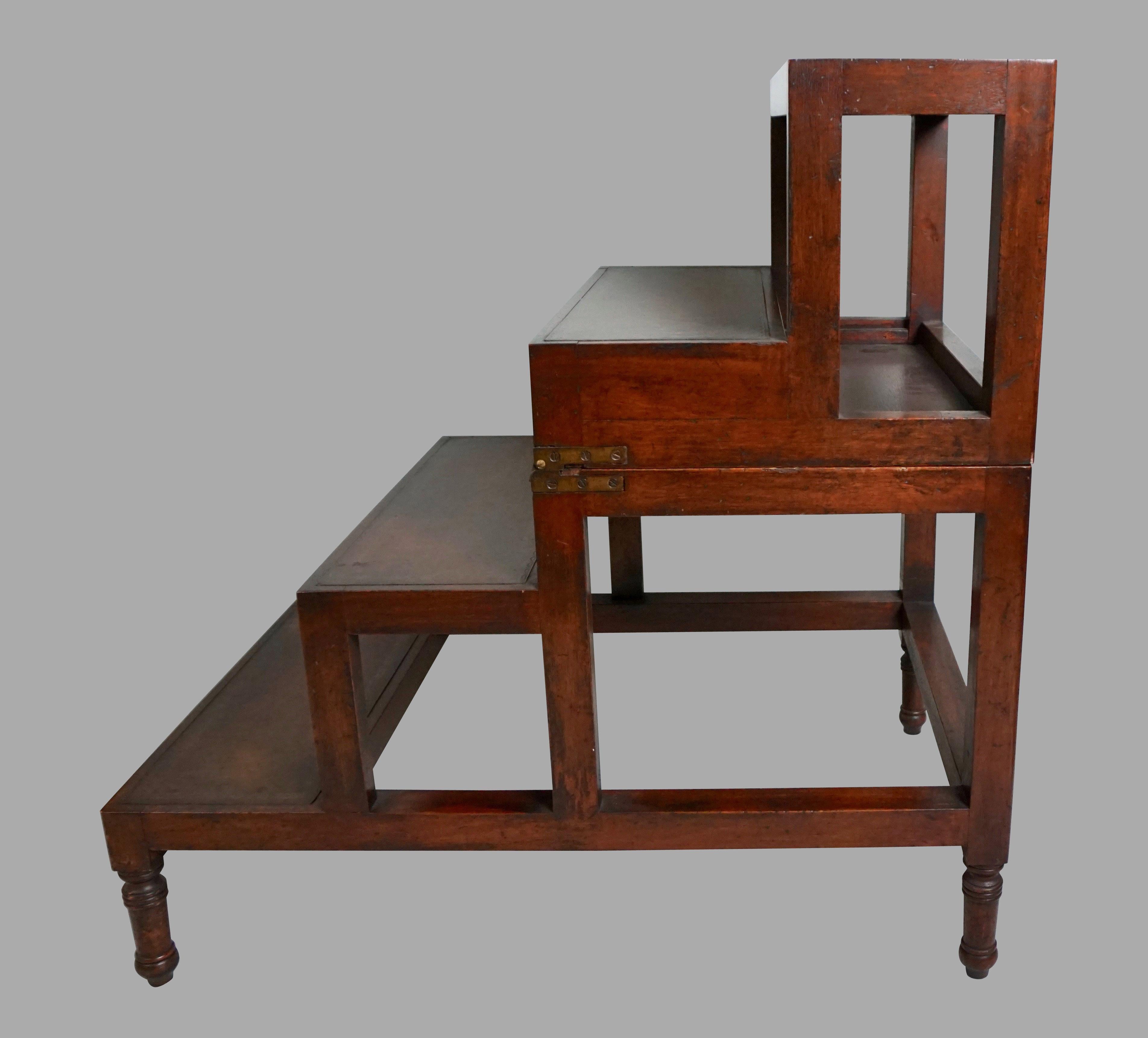 English Regency Style Mahogany Metamorphic Library Steps with Tooled Leather Top 1