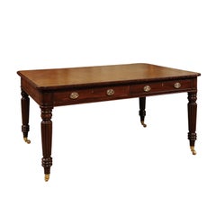 English Regency Style Mahogany Partner's Writing Table with Embossed Leather