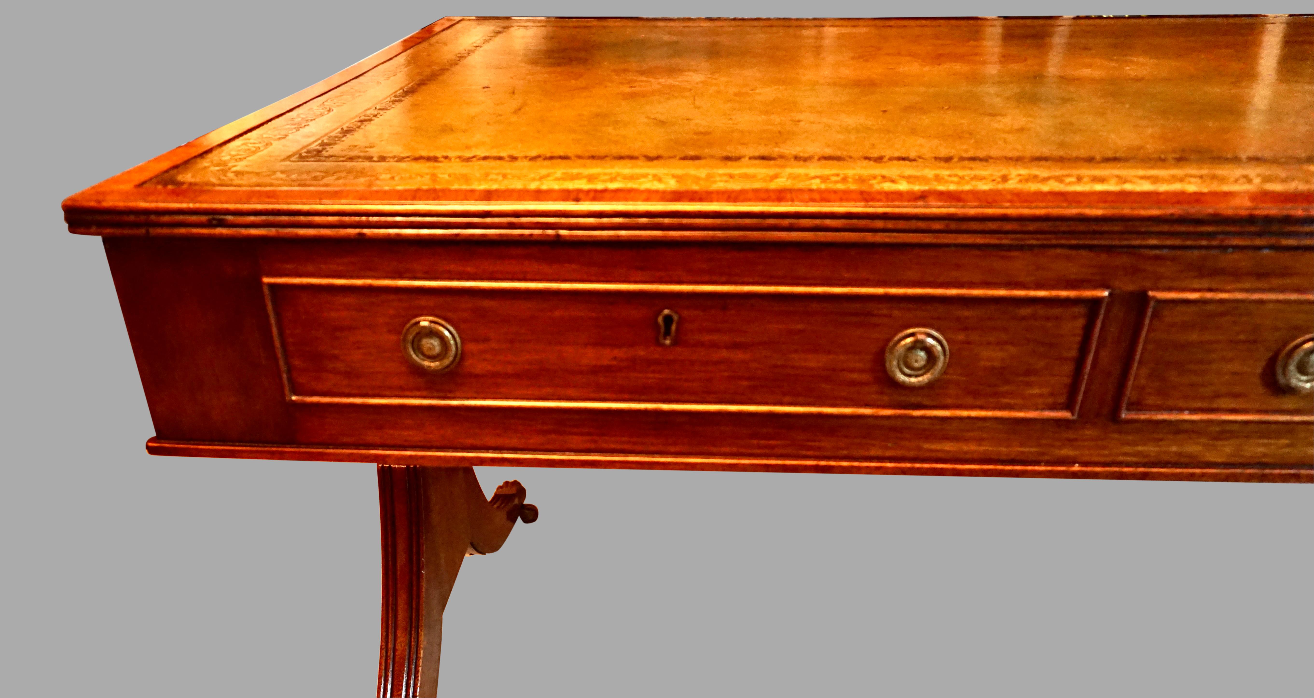 English Regency Style Mahogany Writing Table with Gilt-Tooled Leather Top For Sale 9