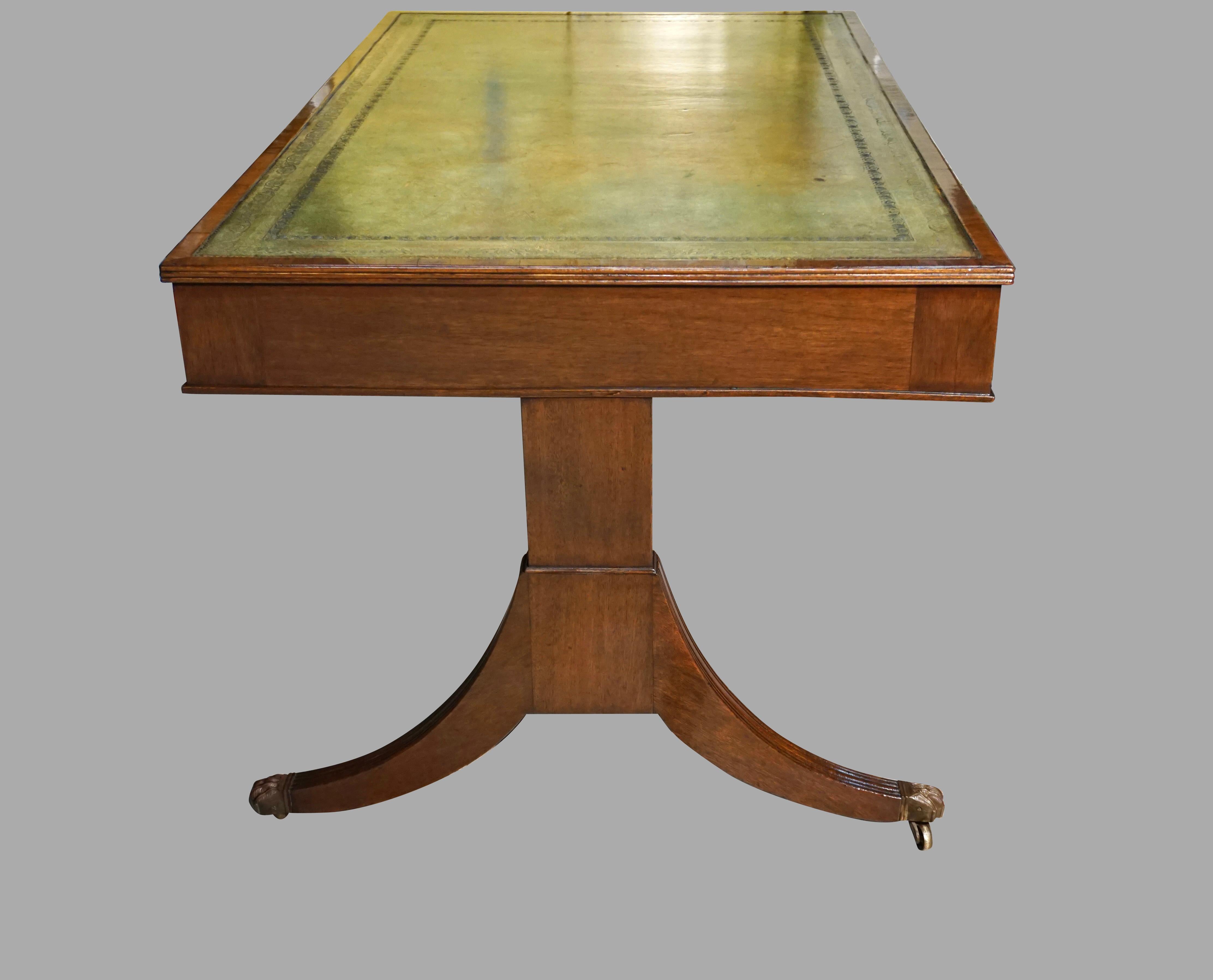19th Century English Regency Style Mahogany Writing Table with Gilt-Tooled Leather Top For Sale
